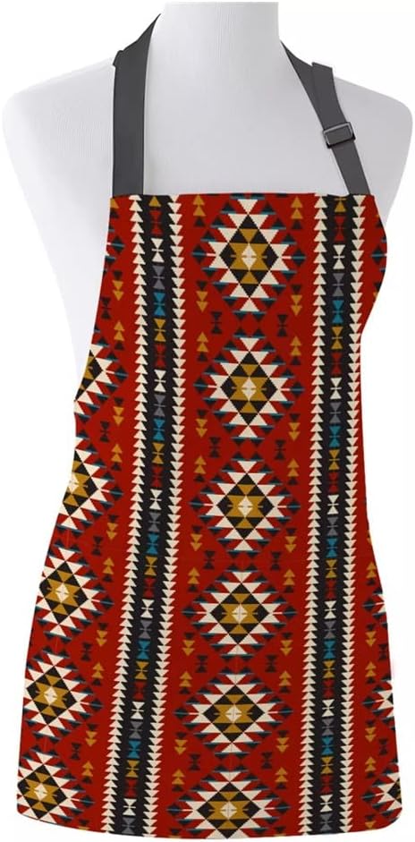 Kitchen Apron Lattice Ethnic Geometry Adjustable Bib Canvas Aprons for Women Cooking Baking Restaurant Pinafore