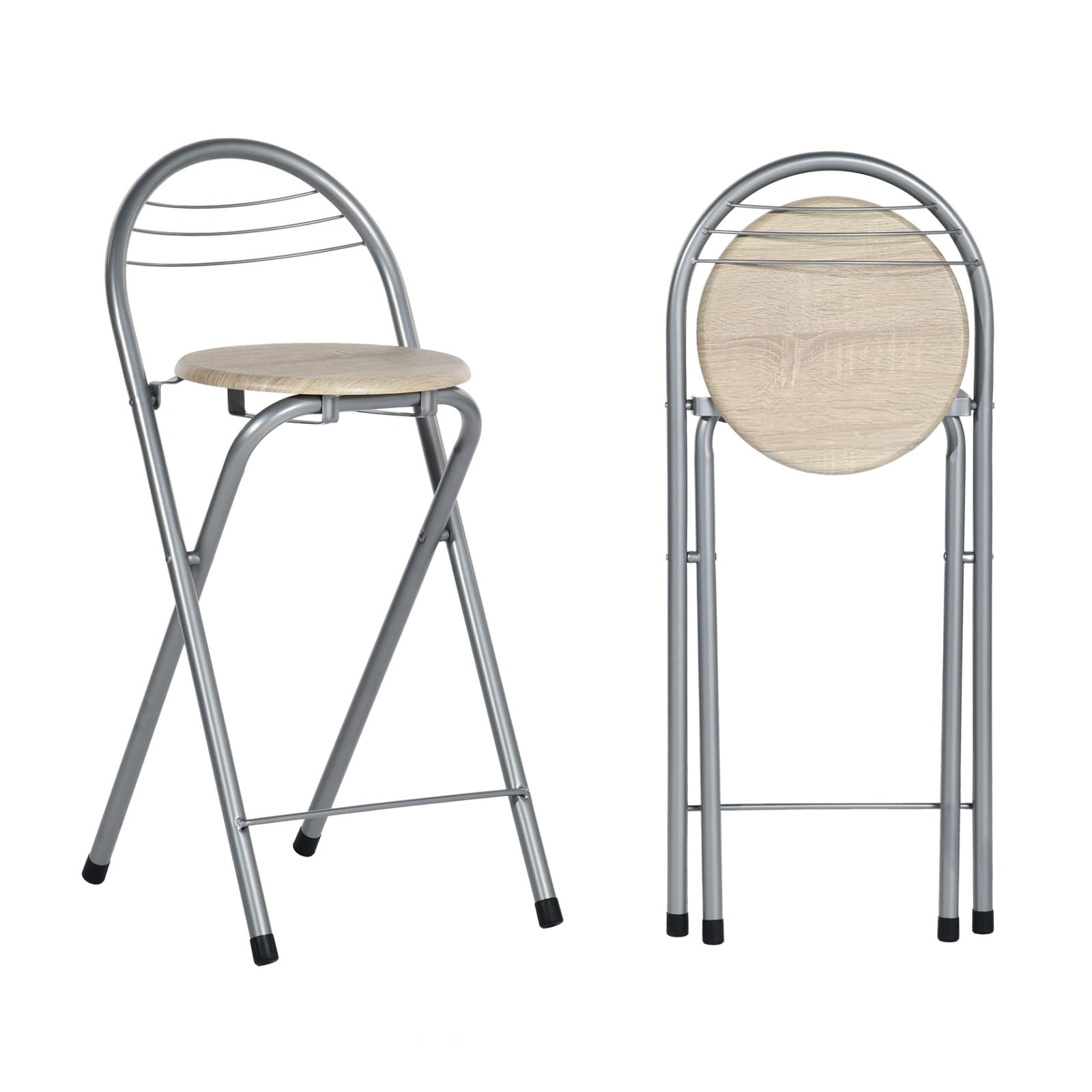 Taburete plegable para bar (2 unidades, taburete plegable, portátil, silla de bar plegable, con respaldo para cocina, terraza exterior, altura del asiento, 61 cm, roble y plata