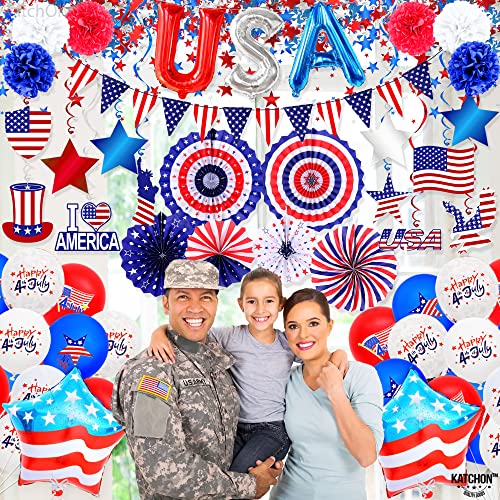 Katchon, 4Th Of July Decorations Set - Huge, Pack Of 52 | Usa Balloons, Pom Poms, Paper Fans, Star Confetti, Flag Garland | Fourth Of July Decorations | Red White And Blue Decorations, Patriotic Decor #TOP7