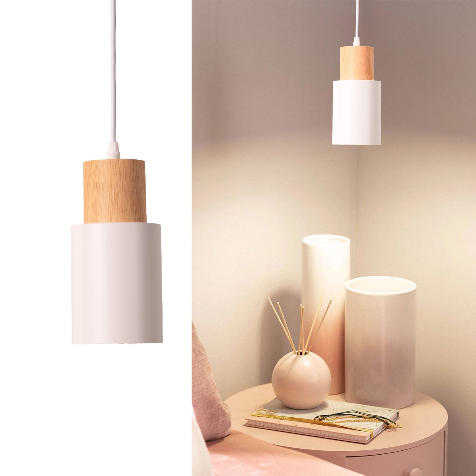 Lámpara de Techo Colgante – Estilo Nórdico Minimalista – Pantalla Cilíndrica Ø10cm de Acero Lacado Blanco con Detalle en Madera Natural – Casquillo E27 para Cocina, Comedor y Dormitorio