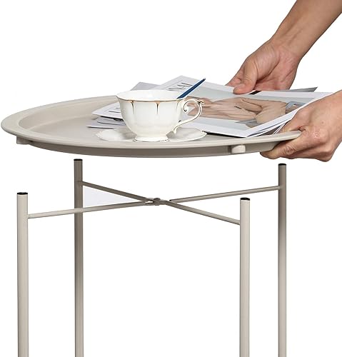Miniatura 9 de VECELO Mesa auxiliarauxiliar, plegable, redonda, de metal, antioxidante, impermeable, para exteriores o interiores, bandeja para sala de estar,