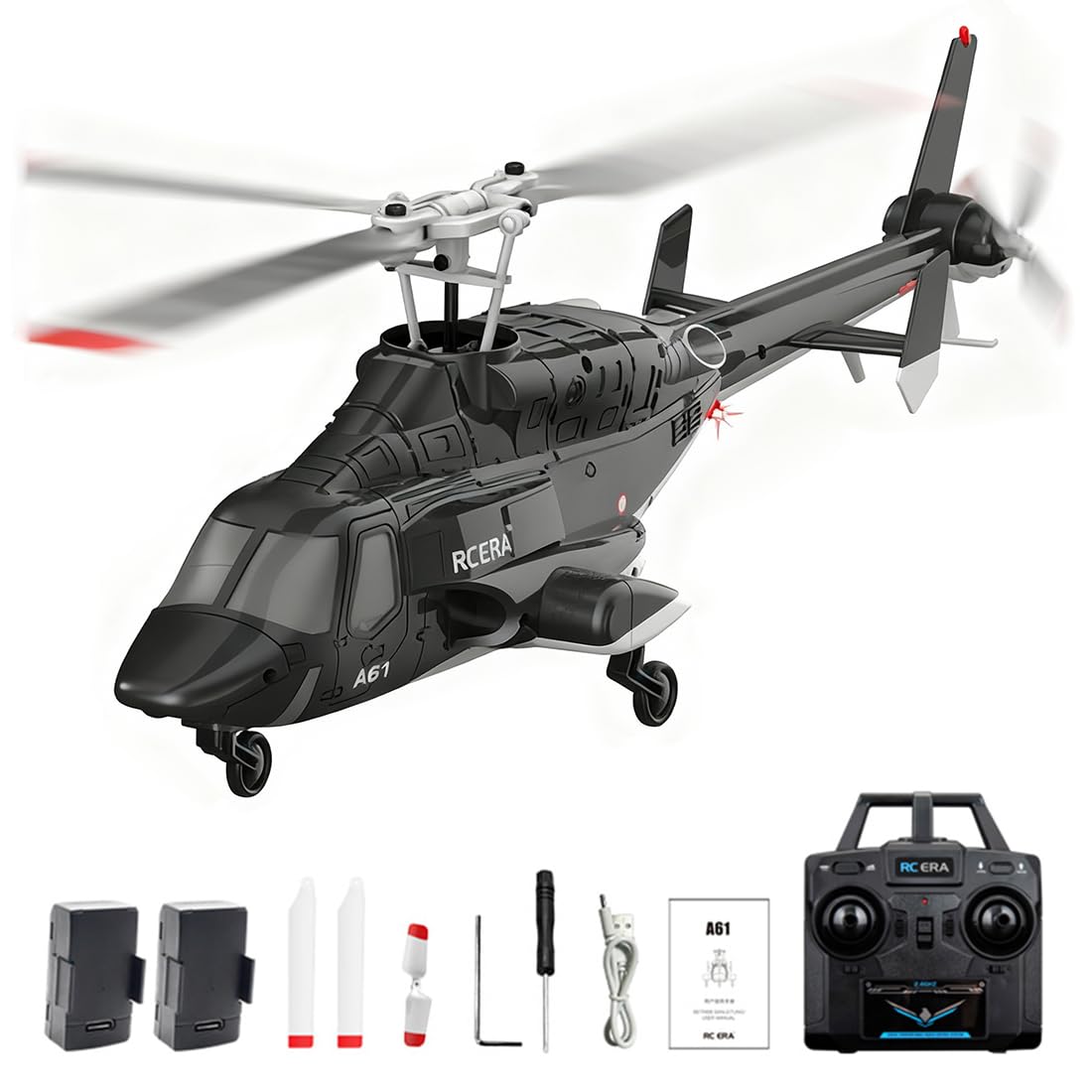 Elicottero A61 RC 1:52 Monrotore a 4 canali, elicottero scala con controllo ottico del flusso elevato, start/atterraggio, modello di volo realistico (rosso e nero/2 batterie)
