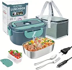 Marmita Elétrica Portátil, Com bolsa de transporte, Lancheira Térmica 12V/110V-220V, Aço Inoxidável, 22x15cm, Cinza e Verde