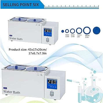 Electric Thermostatic Water Bath, Stainless Steel Inner Tank Digital Display Water Bath Lab Equipment | Temperature : RT to 100C| Increments of 1C | 3L/6.5L Capacity,2Holes