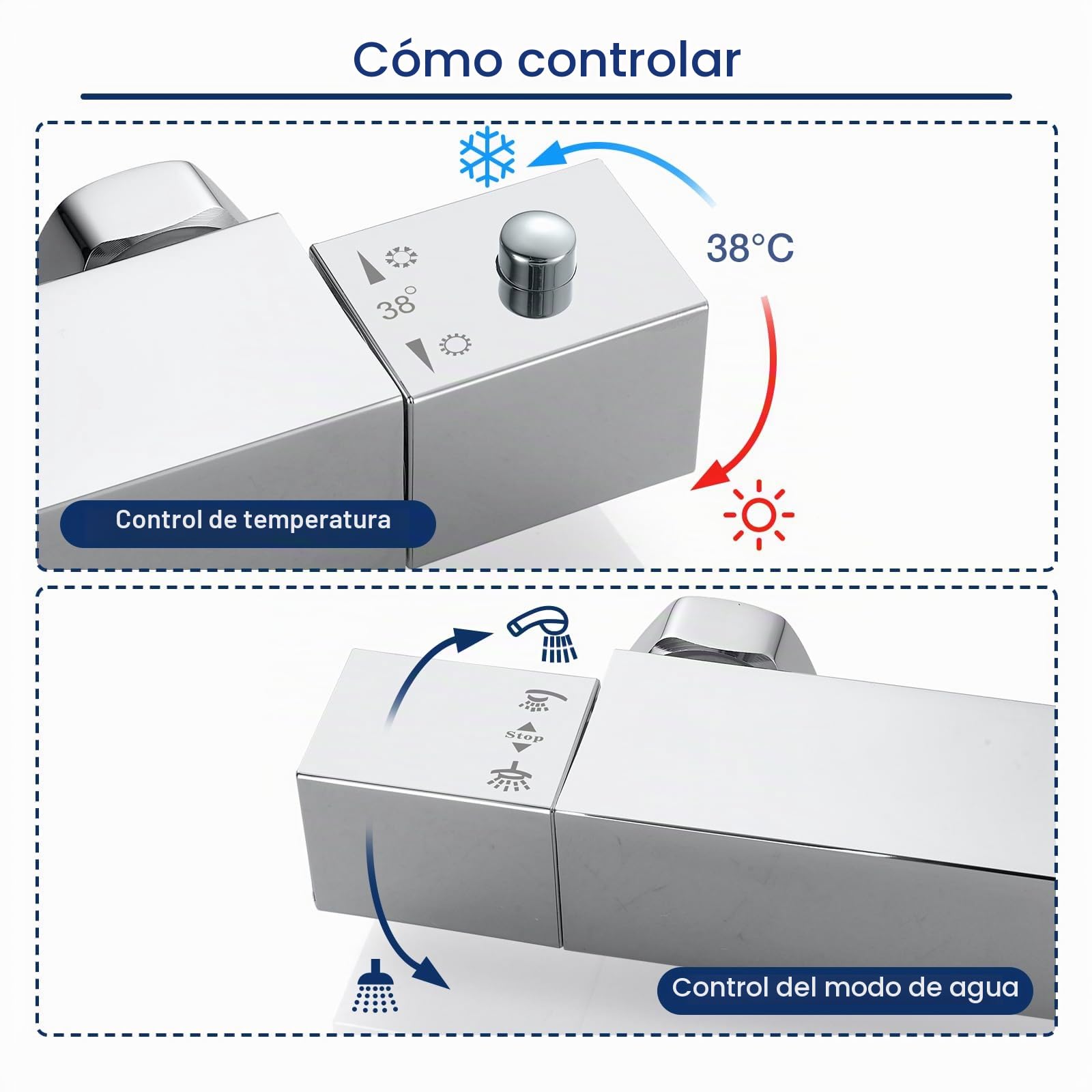 Bevanckly Grifo de ducha termostático, en latón 2 salidas cromadas superior 3/4" BSP (26,4 mm) + inferior 1/2" BSP (21 mm)