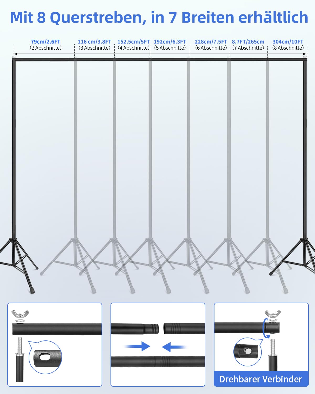 Foto Hintergrund Ständer Set 3m x 2,4m, Verstellbarer Fotohintergrund Ständer mit 6 Klemmen & Tragetasche für Fotografie, Foto Hintergrund, Fotostudio, Backdrop Stand, Hochzeit, Party Deko