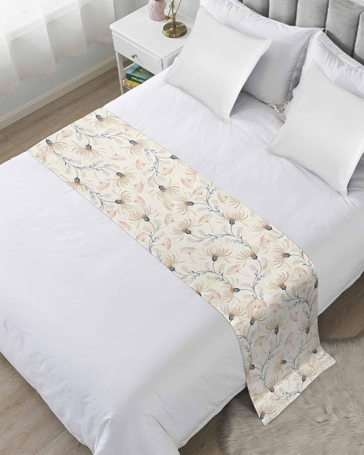 Beige Flowers Bed Runner Scarf Full Queen Size, Watercolor Farmhouse Botanical Floral Luxury Bed Throw Runners & Scarves for Twin Full Queen King Foot of Bed, Bedroom Hotel Decoration, 83"x20"