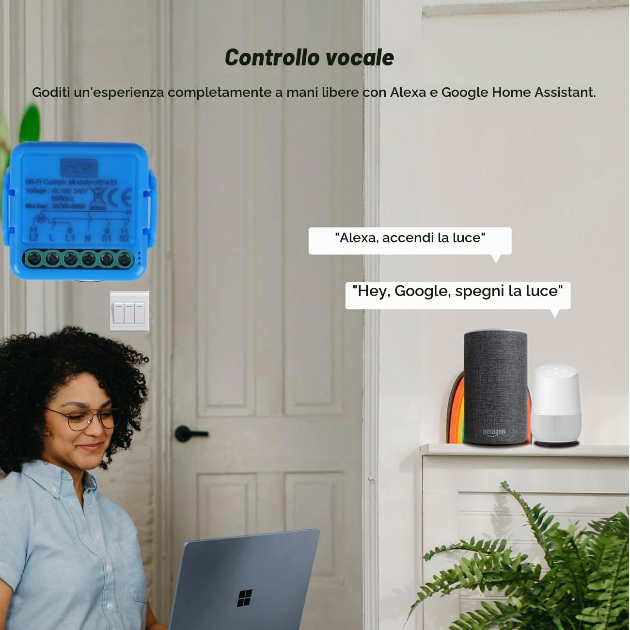 Interruttore Tapparelle WiFi con Telecomandi RF e Modulo Ricevitore, Controllo Tapparelle Elettriche per Tende e Persiane, 433MHz Modulo Comando Timer, Smart Life Dispositivi