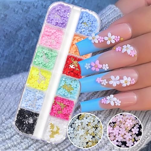 3D Flower Nail Art Charms Metal Caviar Beads Blossom Rhinestone Pearl Acrylic Flowers Nail Accessories For Women Diy Nails Design Decoration 12 Colors #TOP6