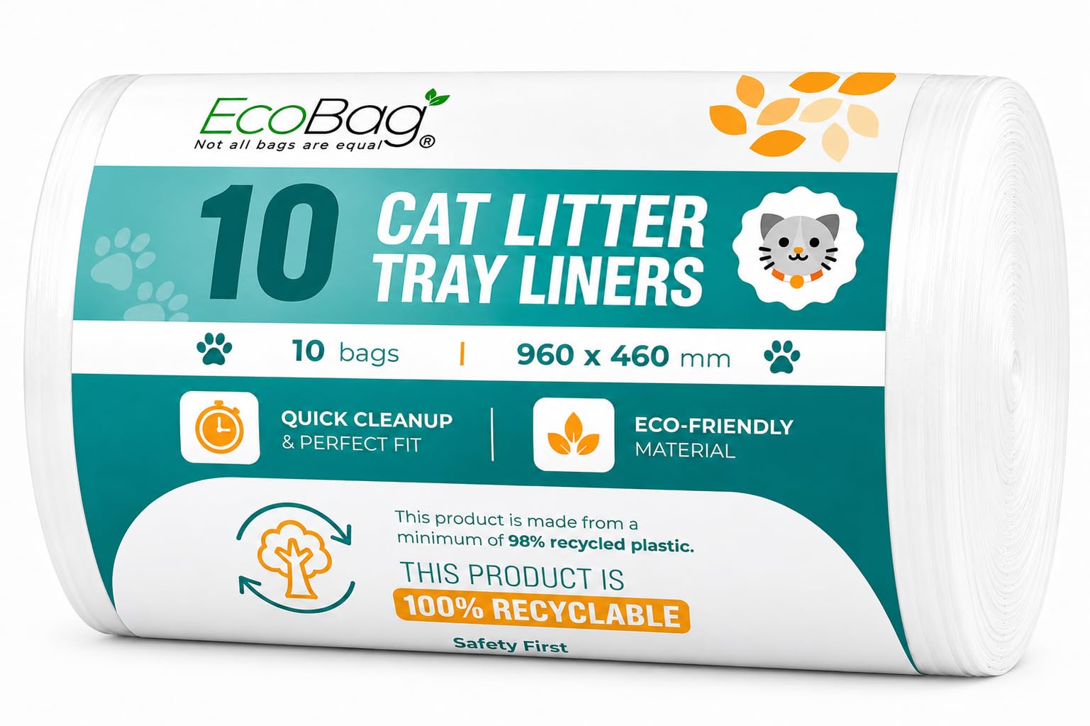 Ecobag 10 Pack Cat Litter Tray Liners – XL 30 Litre, 27 Micron Extra-Thick Leak-Proof & Odour Control Bags – Scratch Resistant, Heavy Duty, Fits Large & XL Litter Trays – Eco-Friendly, 960 x 460mm