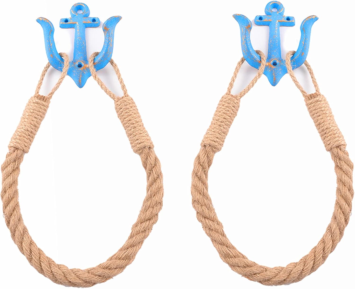 2 Pcs Nautical Anchor Towel Holder, Blue Anchor Hook with Hemp Rope, Toilet Paper Towel Ring, Wall Mounted Toilet Paper Holder, Can Fix Toilet Paper, Towels or Bathroom Curtains (A)