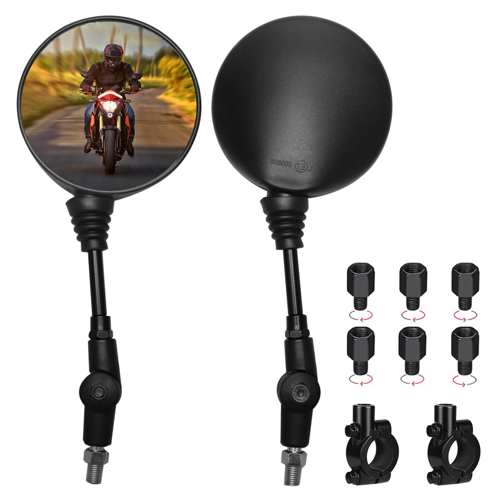 Motorrad Spiegel Set, Motorrad Rückspiegel mit M8 M10 Rechtsgewinde, Linksgewinde, Lenkerklemme, Roller Spiegel, Motorradspiegel für ATV/Roller/Cruiser/Scooter/Moped (Runder-Stil)