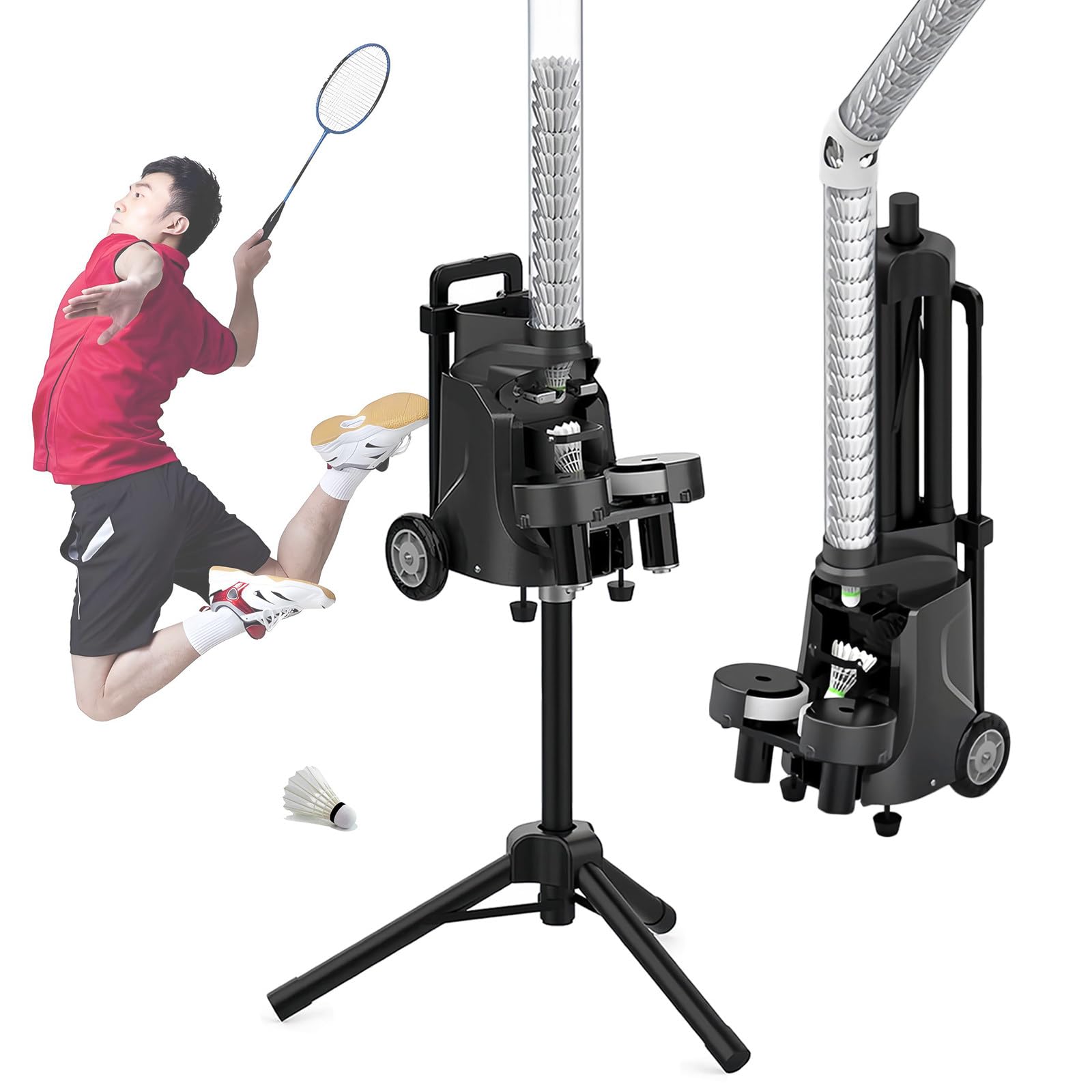 Máquina de servir bádminton, entrenador inteligente para principiantes, más de 50 volantes, 6 modos de entrenamiento, control de aplicación de velocidad/frecuencia/dirección, 6-7 horas de duración de