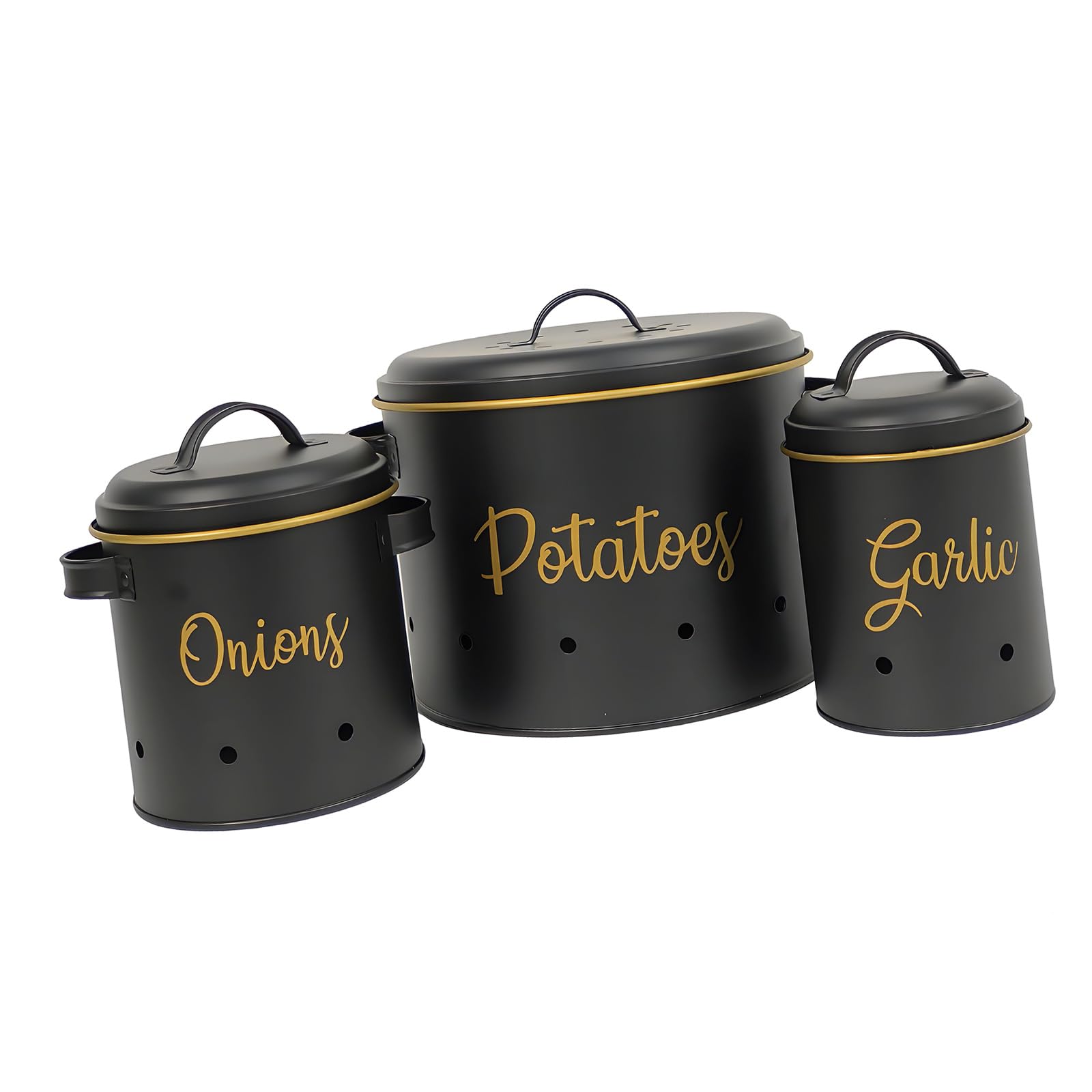 Hsyzygian 3Pcs Vegetable Canisters Storage Bins Ventilated Metal Food Container with Lid for Potatoes Onions Garlic Preservation Potato Onion Garlic Storage Container