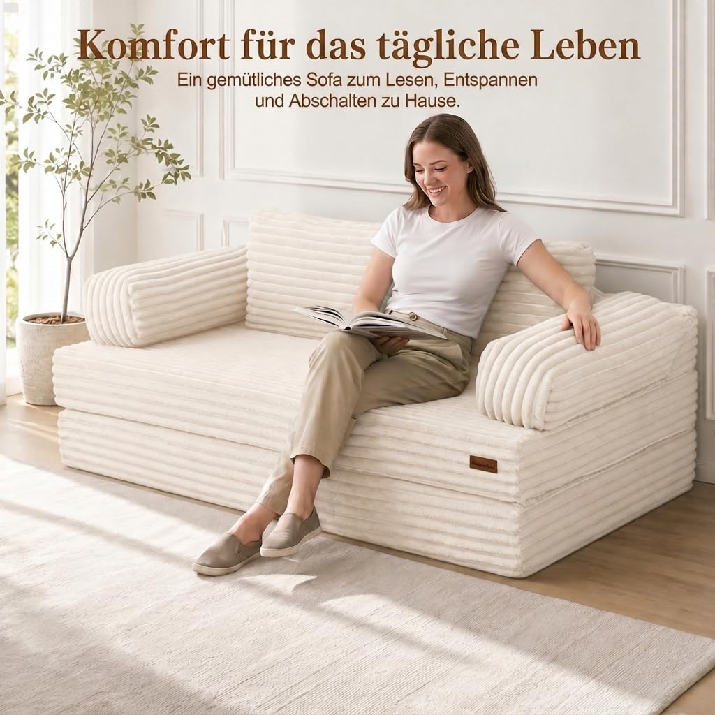 MeMoreCool Schlafsofa Cord, Klappbares Bequemes Bodensofa mit schlaffunktion, Boneless Couch mit Kissen für Schlafzimmer, Wohnzimmer und kleine Räume, 3-in-1 Compressed Sofa Bed, Beige