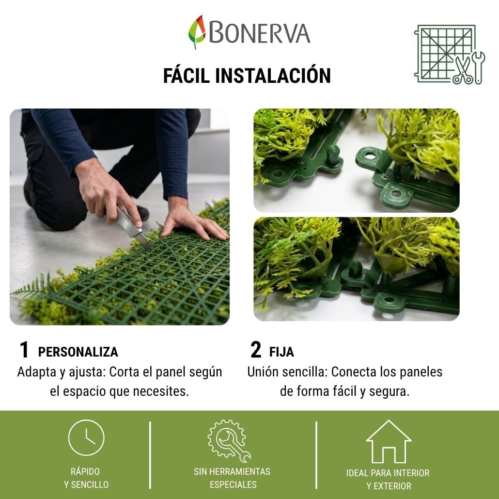 BONERVA | Jardín Vertical Jamaica | Pieza 100x100cm (1m²) | Planta Artificial Decorativa para Hogar, Oficina, Hotel, Restaurante | MAL1215