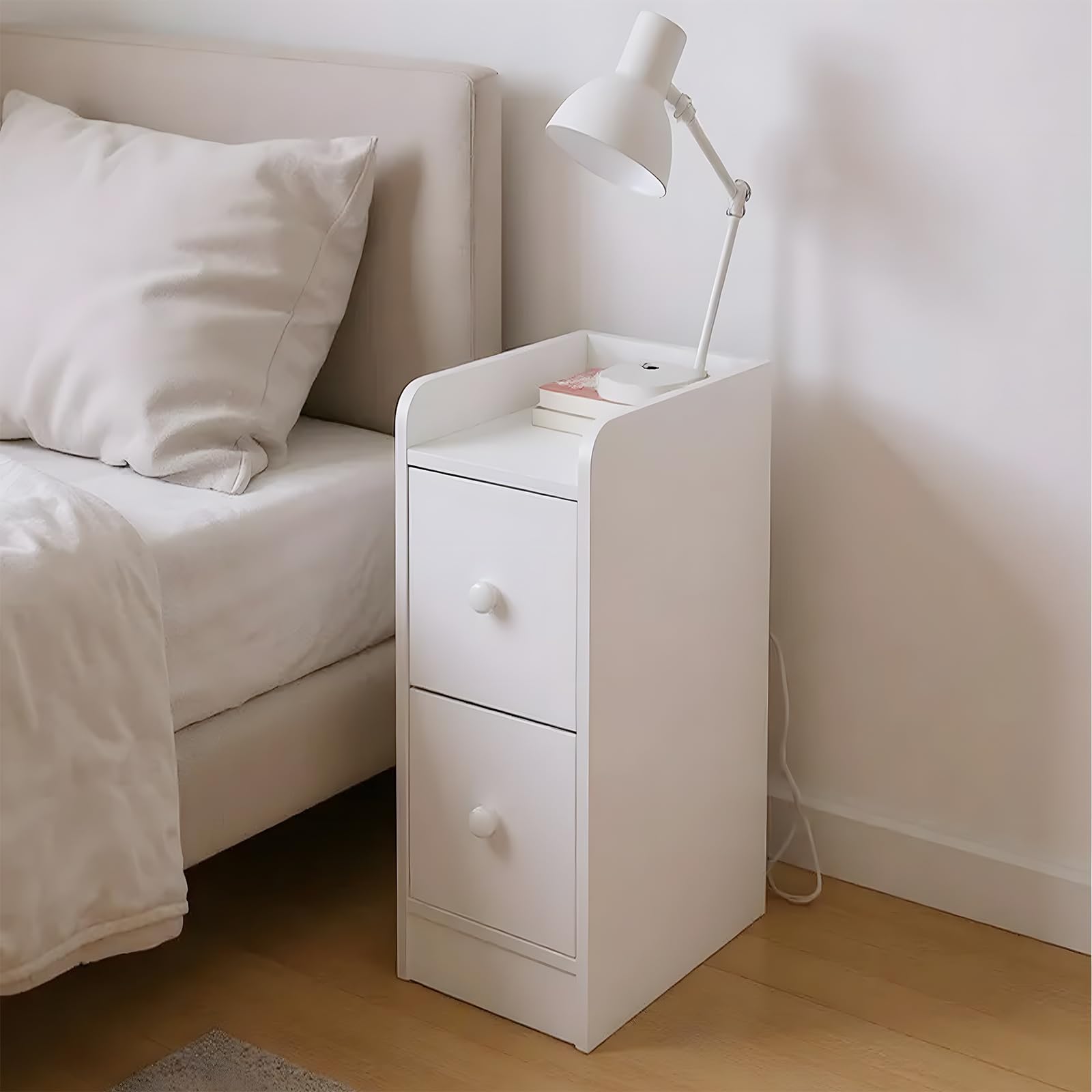 Comodino stretto Comodini piccolo Comodino con 2 cassetti per camera da letto, soggiorno Bianco