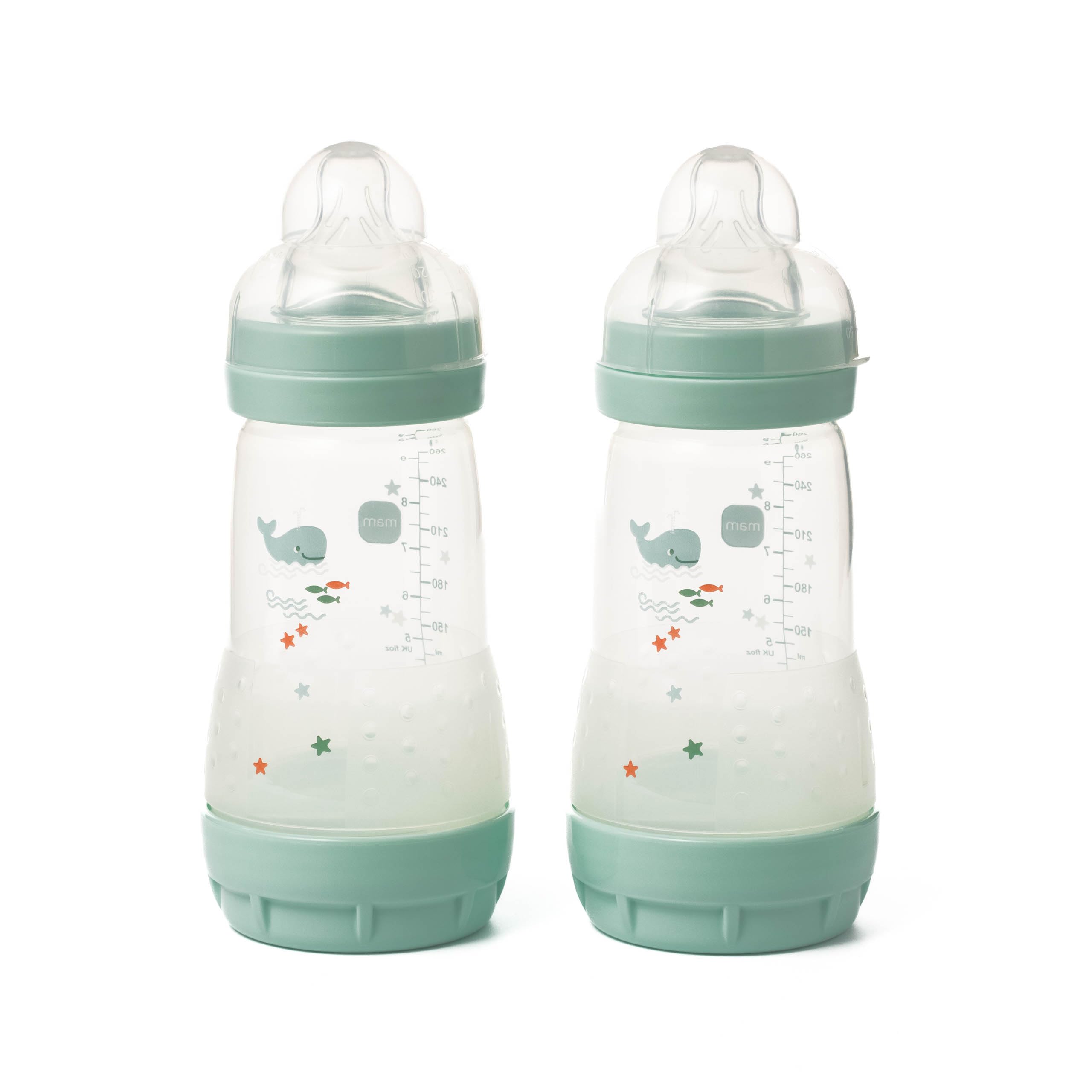 MAM Easy Start Self Sterilising Anti-Colic Baby Bottle Pack of 2 (2 x 260 ml), With Medium Flow Teats Size 2, Newborn Essentials, Blue (Designs May Vary)