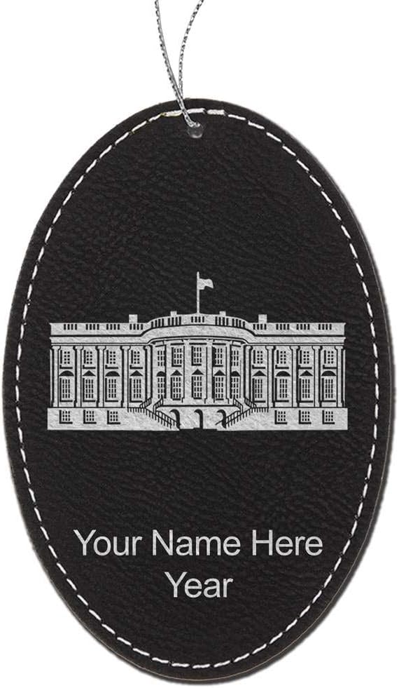 LaserGram Personalized Christmas Ornament, The White House, Faux Leather, Custom Laser Engraved Gift Idea (Oval Shape, Black with Gold)