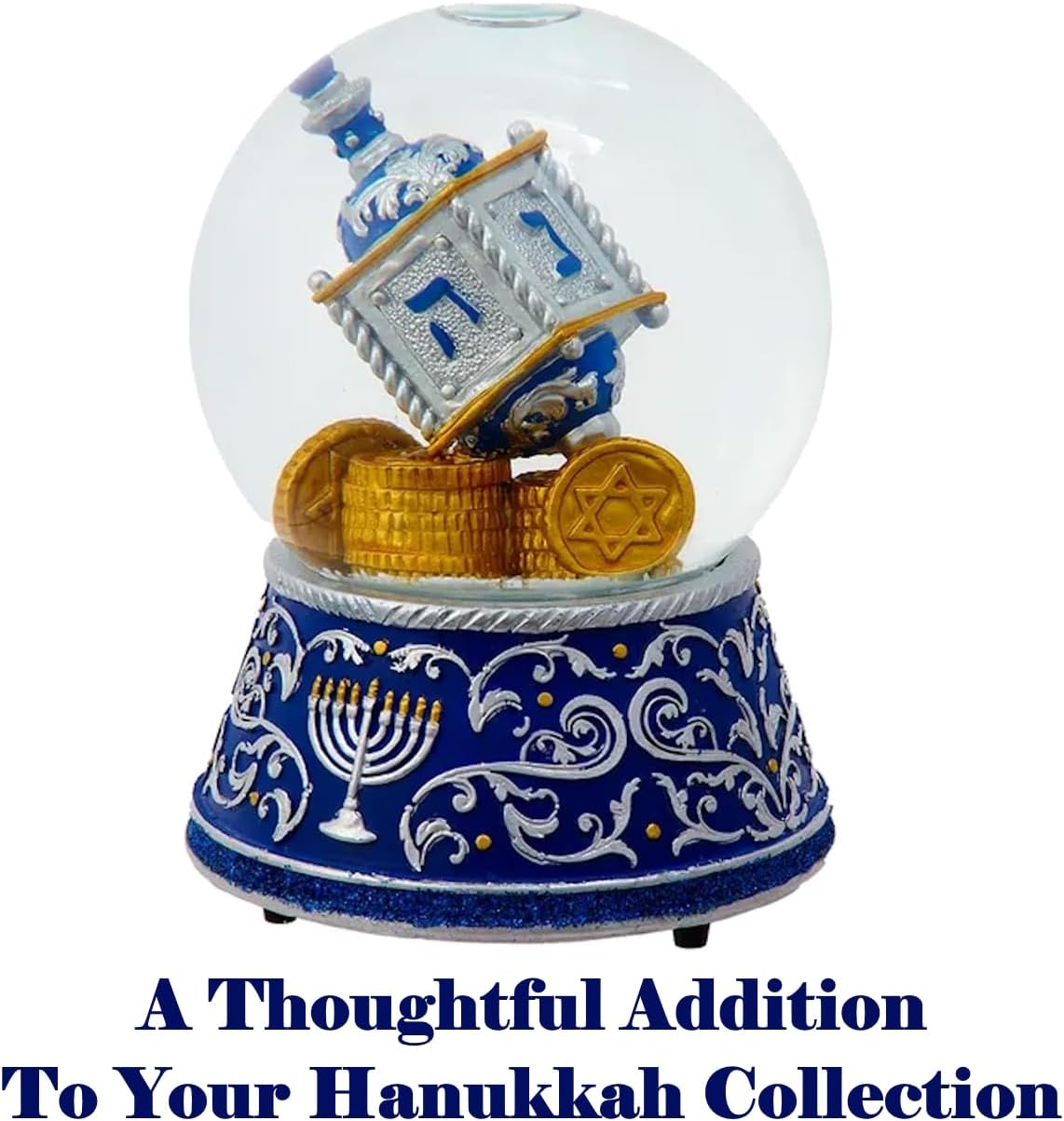 The Bridge Collection 100mm Hanukkah Gelt and Dreidel Snow Globe - Jewish Hanukkah Snow Globe - Festival of Lights Musical Snow Globe