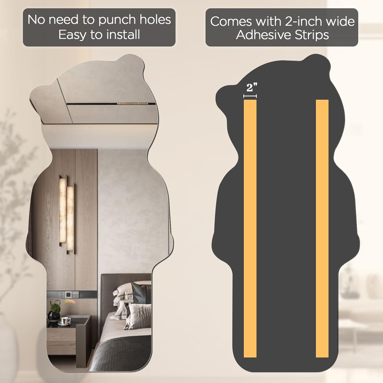 Acrylic Full Body Mirror - Self-Adhesive Shatterproof Wall Mirror, Ultra-Thin 0.06” Lightweight for Home Gym, Bedroom, Closet Door - Frameless Easy Install (1, Bear, 20" W x 57" L)