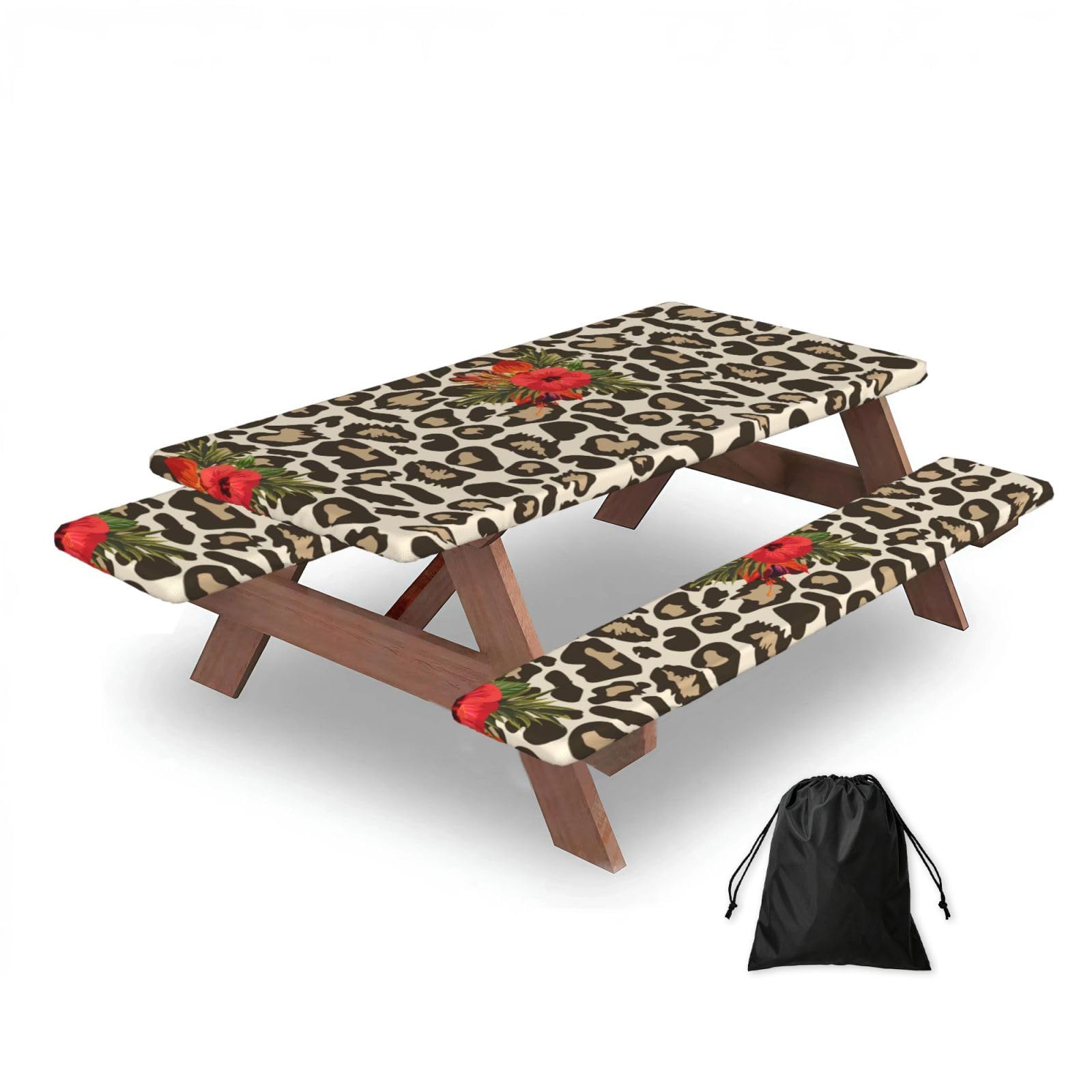 Dopklna As Picture Leopard Hibiscus Flower, Picnic Table Cover With Bench Covers -Waterproof Elastic Fitted Tablecloth For Garden Camping Patio 76X152cm