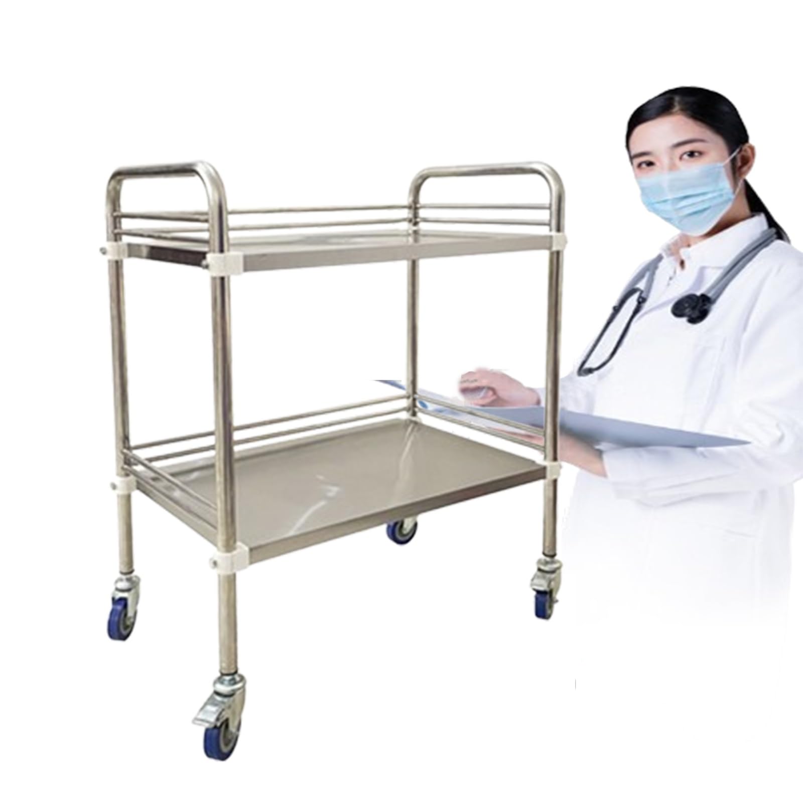 Wózek Ze Stali Nierdzewnej, Wózek Medyczny I Laboratoryjny Na Kółkach Z 2 Półkami, Mobilny Wózek Do Przechowywania Z Zamykanymi Uniwersalnymi Kółkami Do Laboratorium, Kliniki, Salonu, Kuchni(80*48*86c