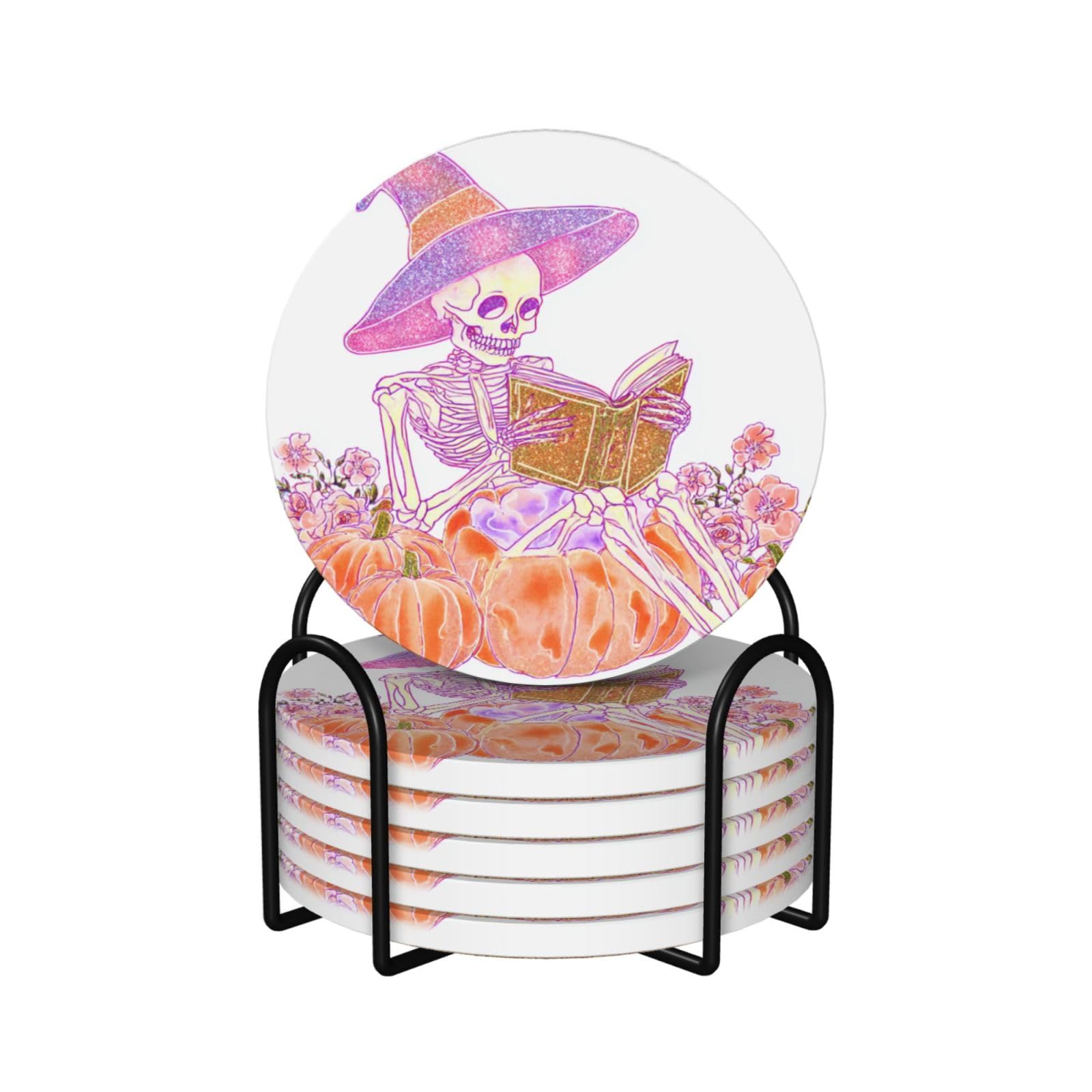 Sketon Wearing A Glittery Pink Witch Hat Ceramic Coasters with Holder 6ps