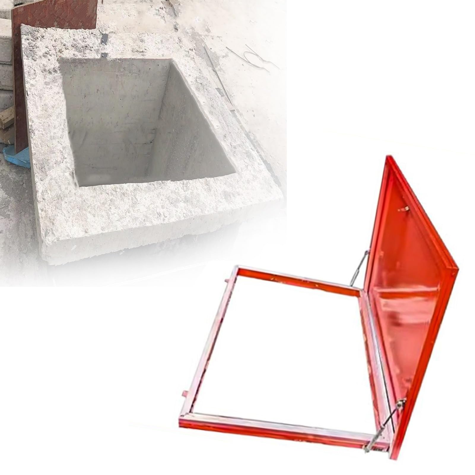 Trampilla de techo 75x75 cm con tapa de acceso impermeable roja y puntal metálico resistente