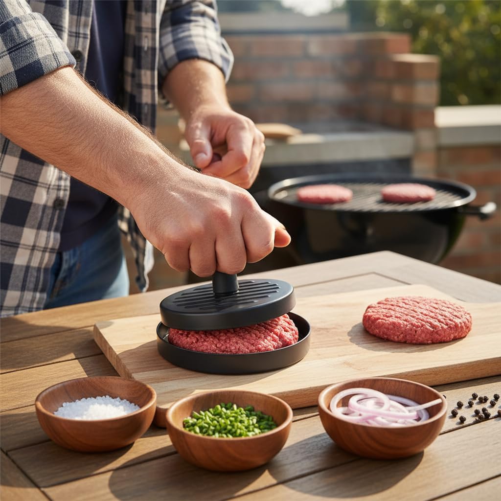 Deconox Yapışmaz Büyük Boy Hamburger Köfte Kalıbı - Paslanmaz Çelik Karbon Kaplama Premium Burger Presi | Mükemmel Şekilli Köfte Makinesi