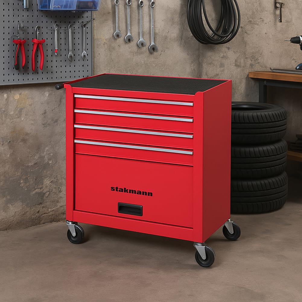 Carrello Portautensili con 4 Cassetti in Acciaio, Carrellino per Attrezzi Multiuso, Armadietto per Strumenti di Lavoro con Ruote Piroettanti, Ideale per Officine, Garage, Fai da Te (Rosso)