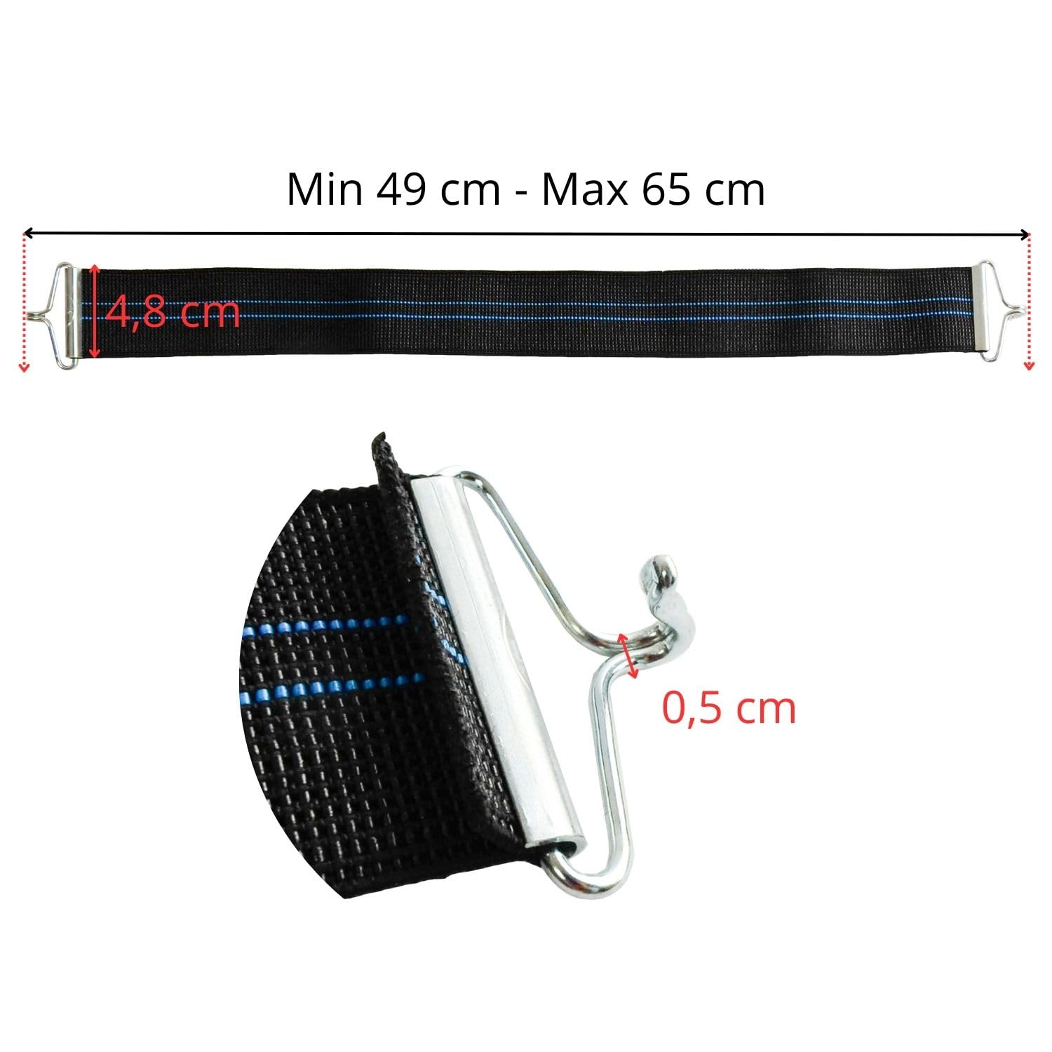 P17 - CINGHIA ELASTICA RETE LETTO | Cinghia Elastica con Gancio per Rete Letto | Set 6 Pezzi | Lunghezza a Riposo 49 cm | Lunghezza Max Estensione 65 cm | Gancio Adatto per Fori NON Inferiori a 5 mm