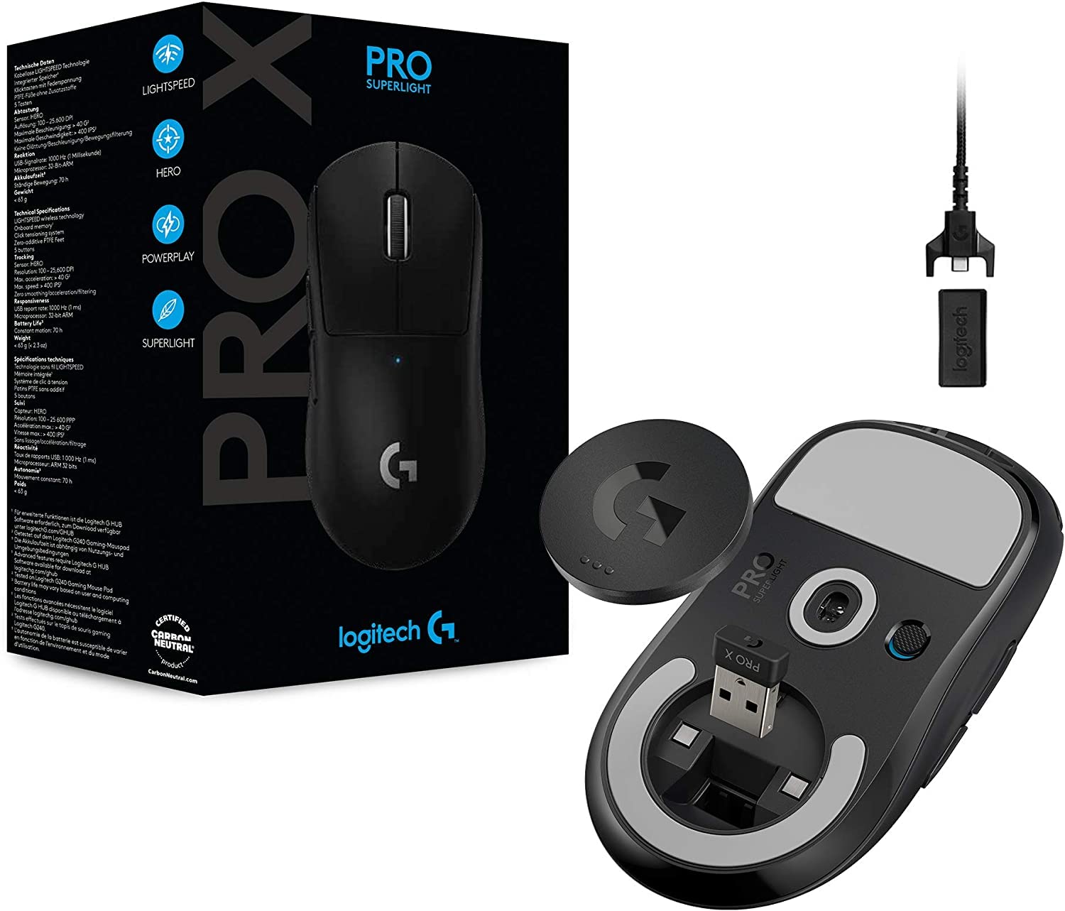 Logitech G PRO X SUPERLIGHT Souris Gaming sans Fil, Emballage Est Europe, PC et Mac (port USB) - Noir