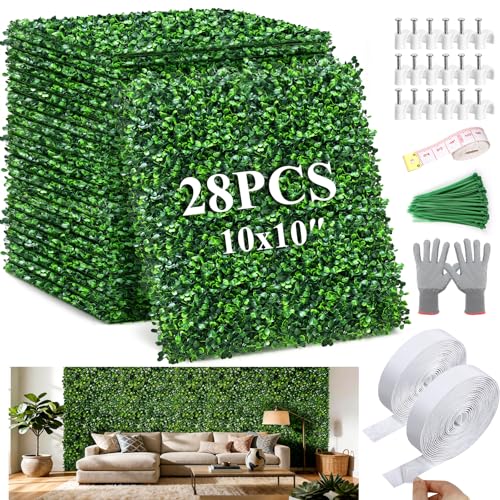 28Pcs Artificial Grass Wall Panels 10' x 10' Faux Boxwood Green Wall UV Resistant Privacy Screen...