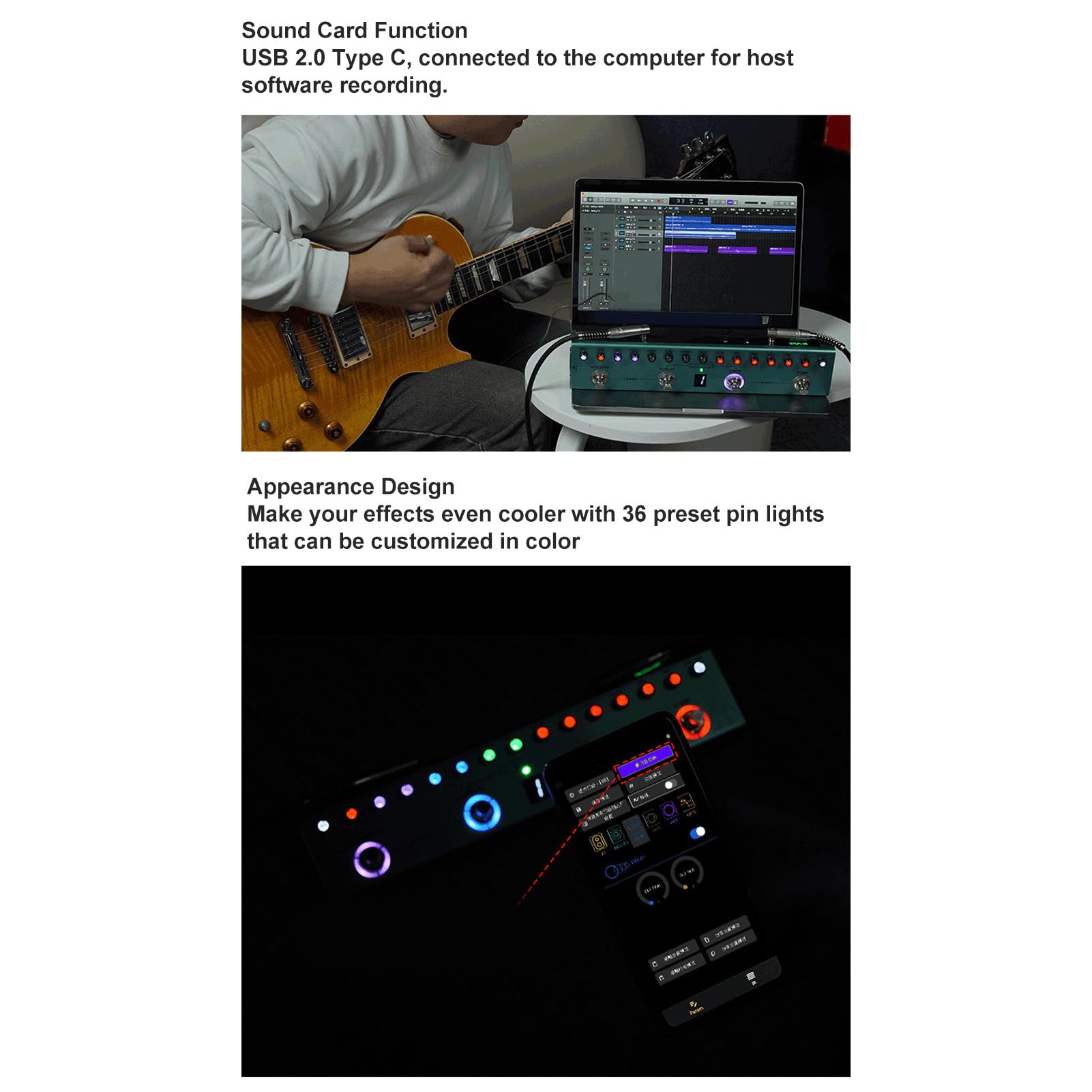 Digitaler Gitarren-Multieffekt-Pedalprozessor mit 36 ​​editierbaren Voreinstellungen, 3-Band-Equalizer, 8 IR-CAB-Steckplätze für Smartphone-Aufnahmen, Kabellose Verbindung