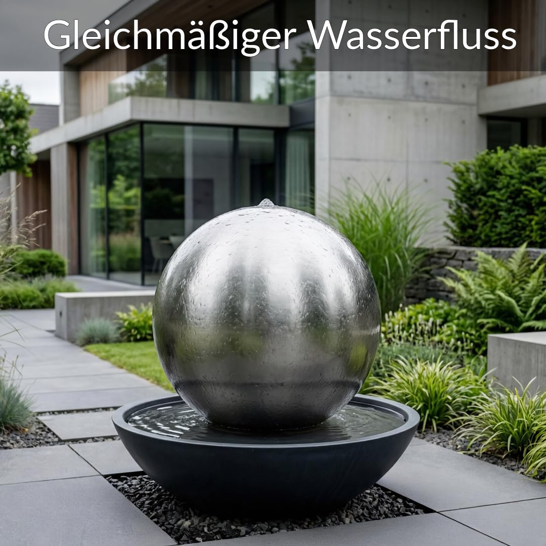Kugelbrunnen aus matt gebürstetem Edelstahl D: 48 cm – Edelstahlkugel matt für Gartenbrunnen, Wasserspiel Garten, 30 mm Lochbohrung, 1/2 Zoll Schlauchanschluss, Edelstahlbrunnen für DIY Brunnenanlagen