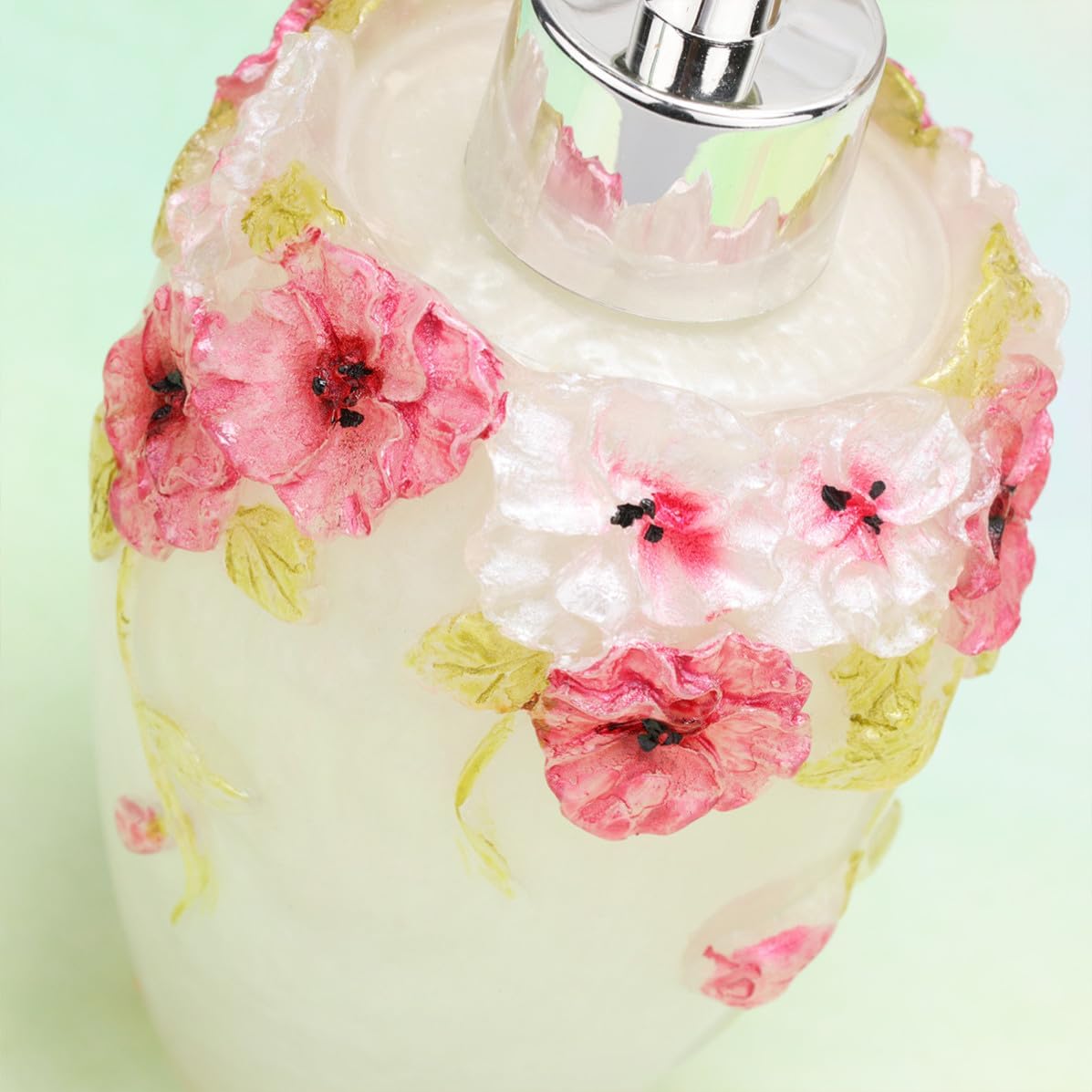VOSAREA 300ml Portable Refillable Squeeze Bottle with Elegant Light Green Floral Design, Multifunctional Resin Pump Dispenser for Shampoo, Conditioner, and Hand Soap, for Travel and Home
