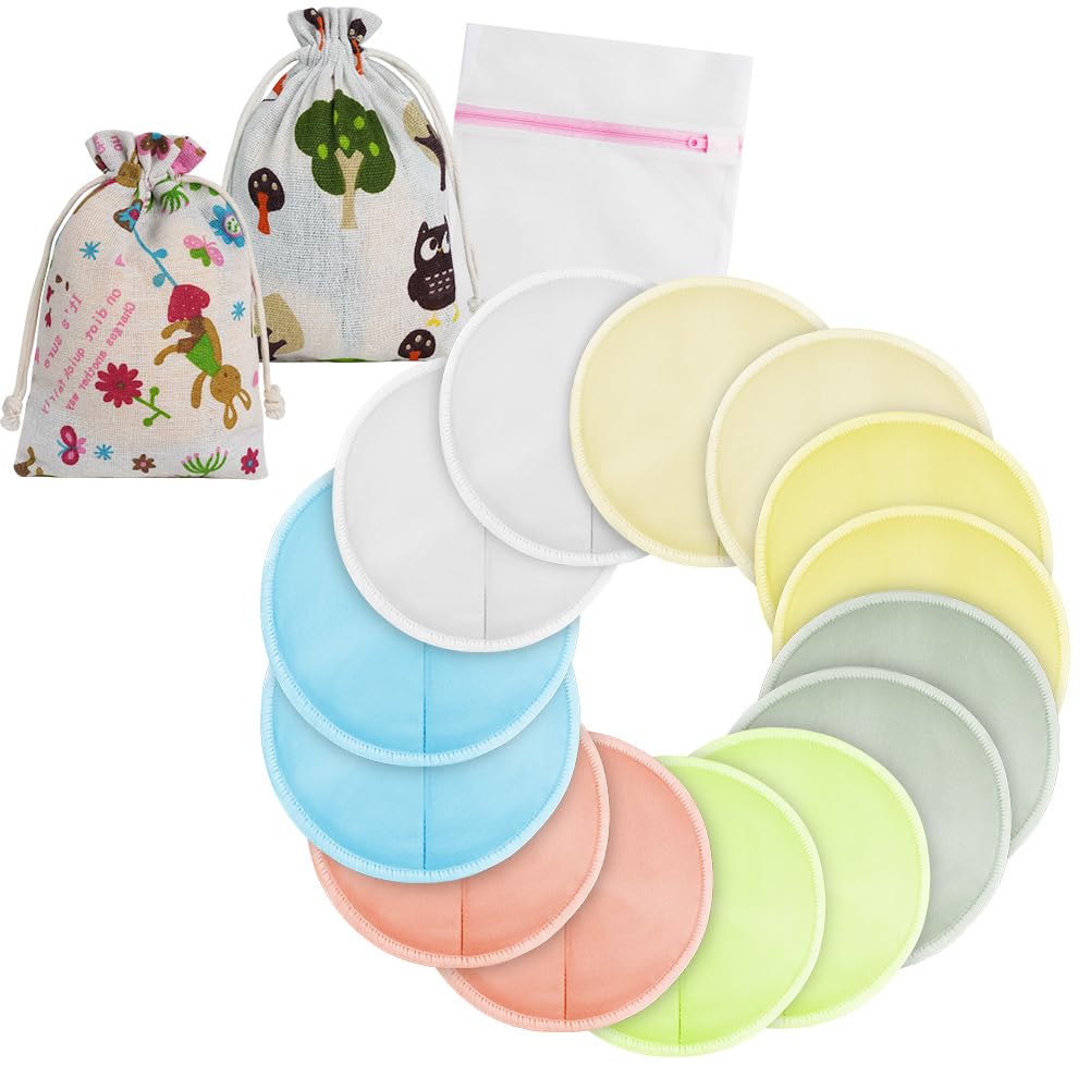 Washable Nursing Pads, 14PCS Organic Bamboo Nursing Pads, Reusable Nursing Breast Pads, Highly Absorbent Breast Pads, Breastfeeding Nipple Pad for Breastfeeding Mums (Bowl Shape)