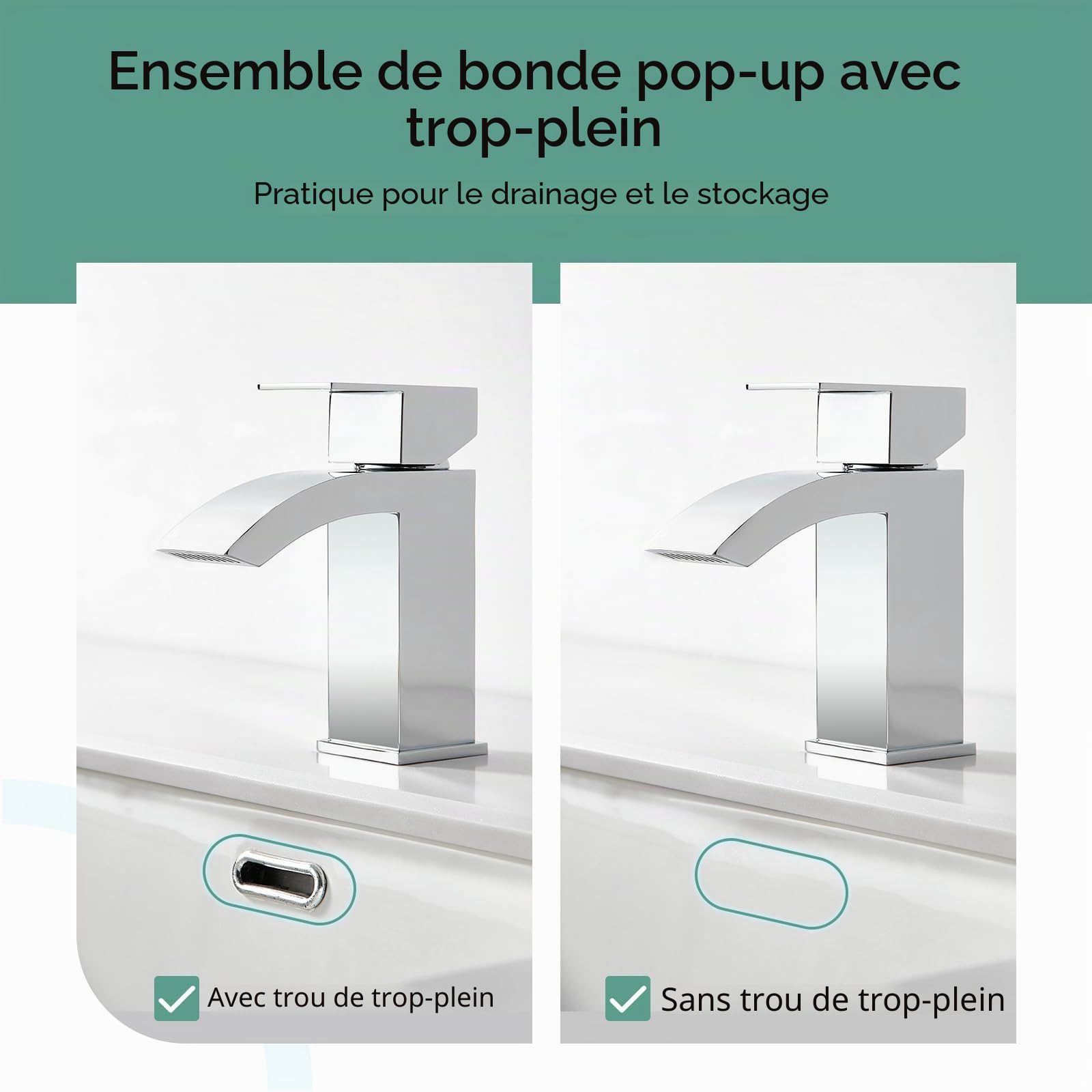 CREA Robinet Lavabo Cascade,Mitigeur Salle de Bain avec Bonde de Lavabo Pop-up, Moderne Mitigeur Lavabo Cascade, Robinet Salle de Bain avec Bec Grand,Chrom