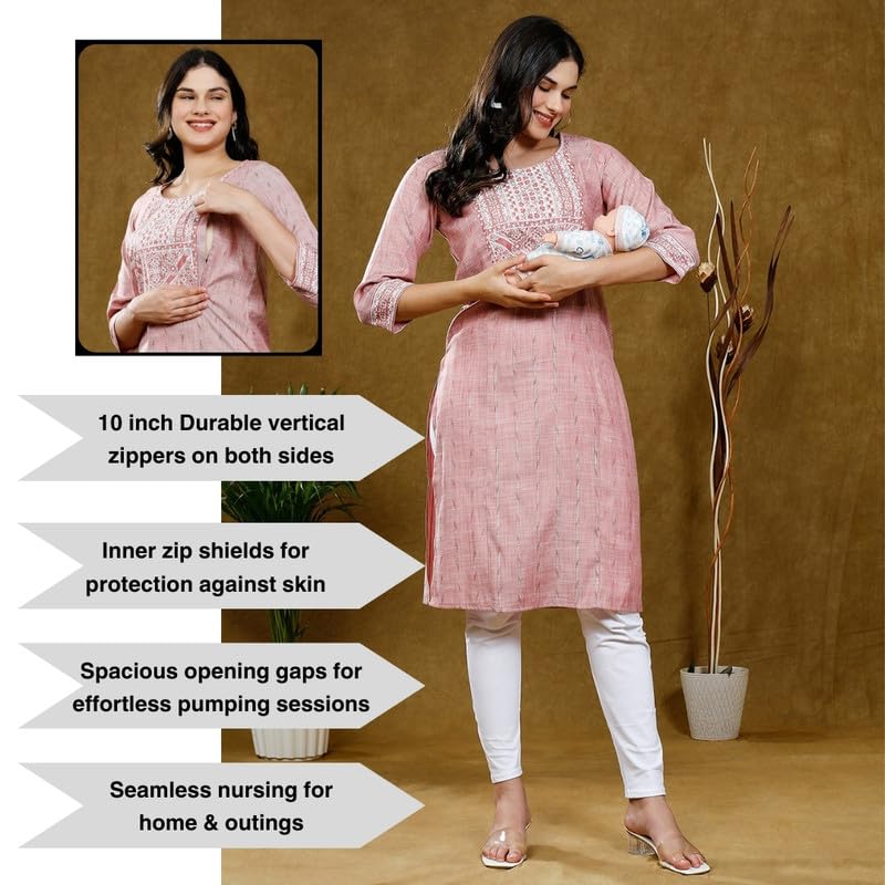 Image of True Shape Maternity Dresses for Women Cotton | Printed Feeding Aline Kurta with Dual Nursing Zippers in Polyester for Pre & Post Partum