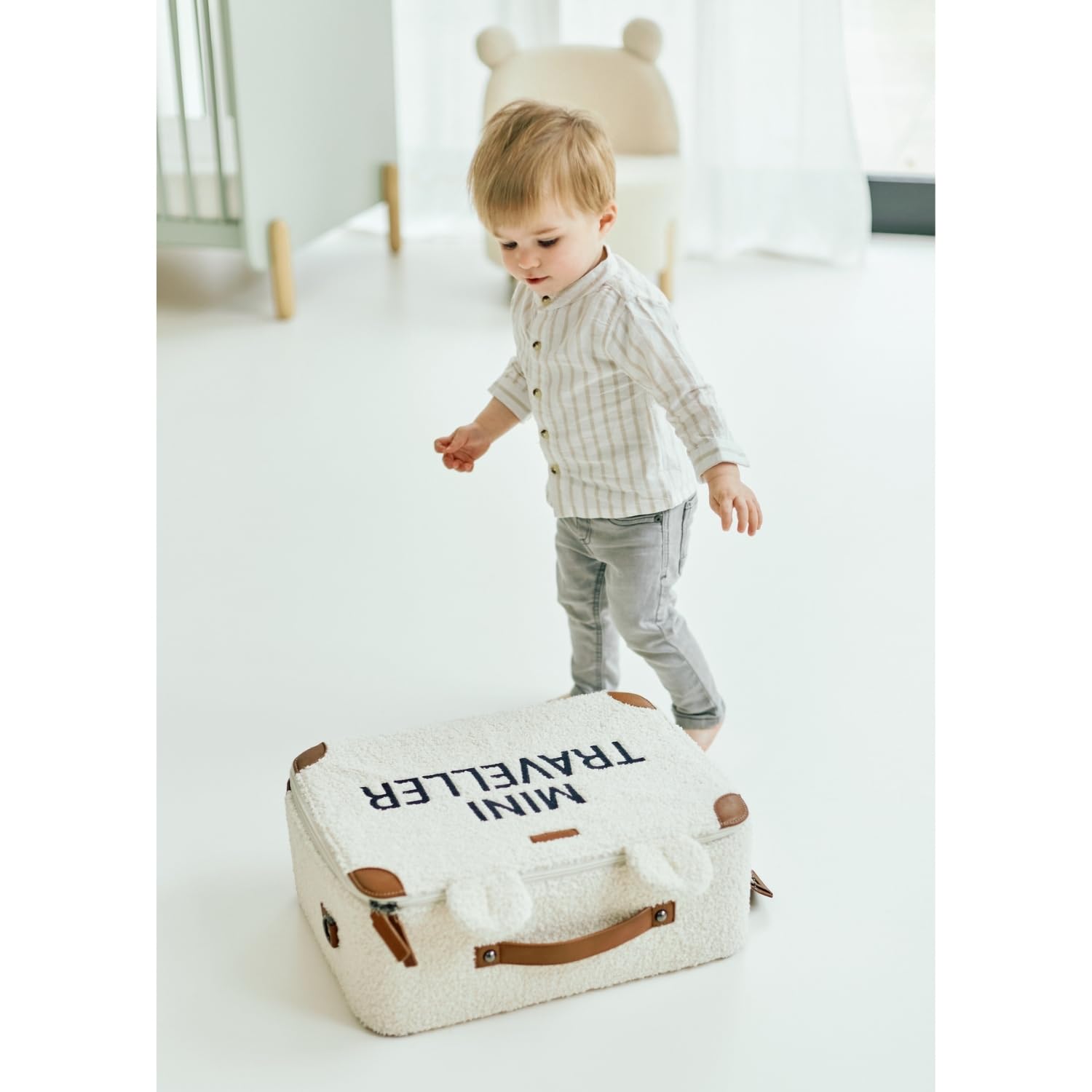CHILDHOME, Valigia per bambini, Week-end, Dimensione cabina, Compatta, Solida, Maniglia per il trasporto, Etichetta con nome, Design, Materiale morbido, Mini Traveller, Teddy Ecru