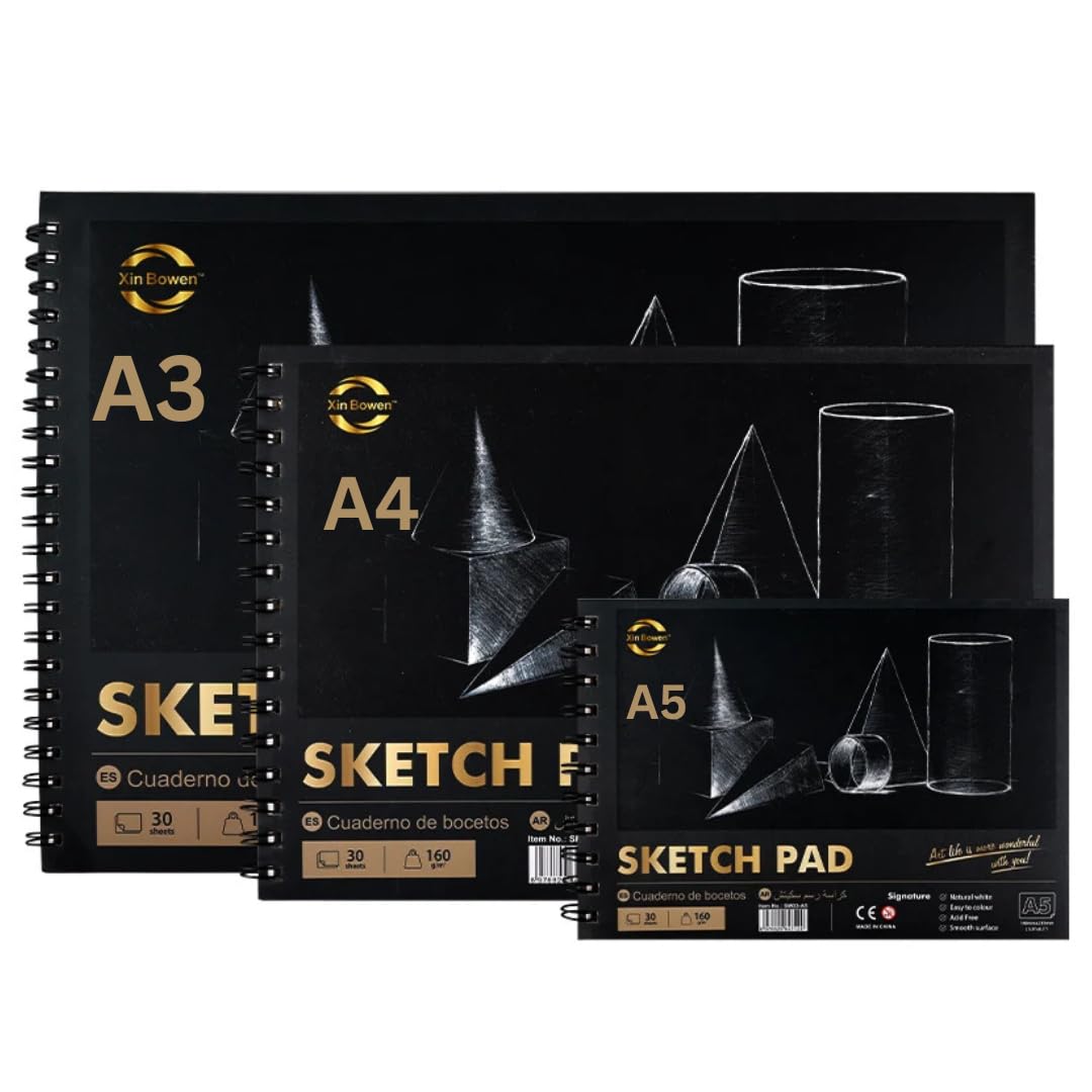 Sql Black Sketch Pad Set A3+A4+A5 160Gsm Sketch Book Drawing Notebook Paper 30 Sheets / 60 Pages Sketch Pad For Drawing Sketching Xinbowen