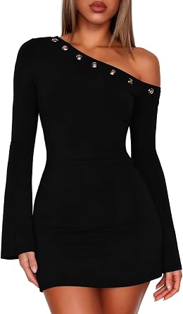 OZICERD Off The Shoulder Mini Dresses for Women Bell Long Sleeve Bodycon Eyelet Cutout Rave Party Club Going Out Dress