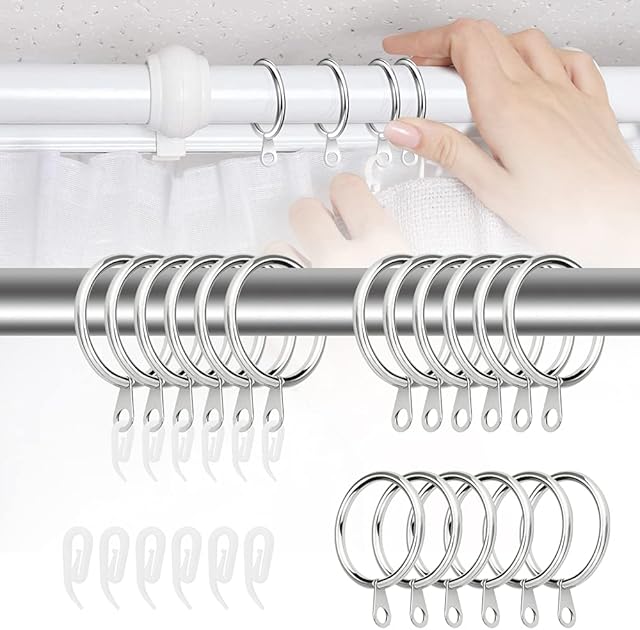 BUZIFU 40 Pack Silver Curtain Rings and Hooks Metal Curtain Drapery Rings Curtain Hanging Rings with Plastic Curtain Hooks Drape Sliding Eyelet Rings for Curtains and Rods, 30mm Internal Diameter