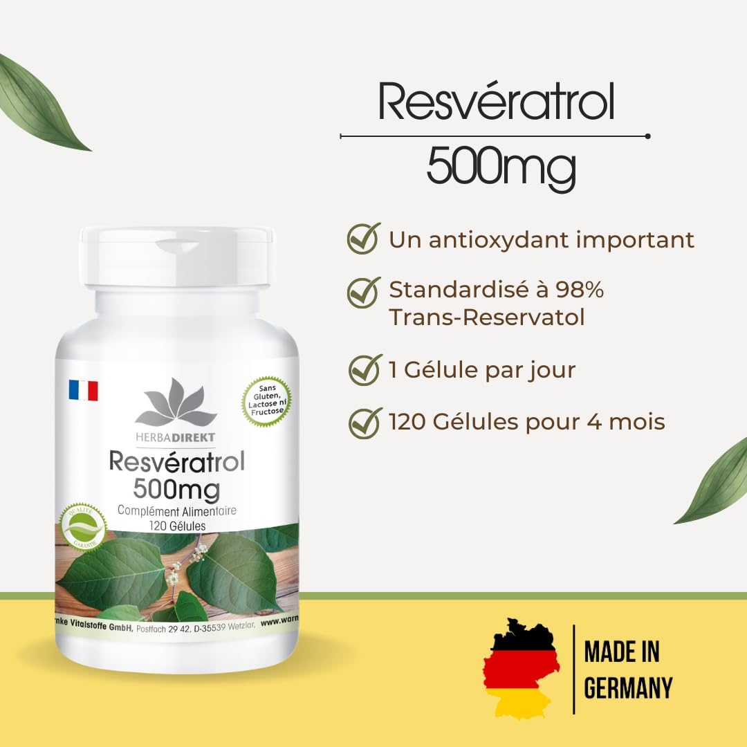 Resvératrol 500mg - extrait de la racine renouée du Japon - polygonum cuspidatum - hautement dosé - végan - 120 gélules | Herba Direkt - Qualité des pharmacies allemandes
