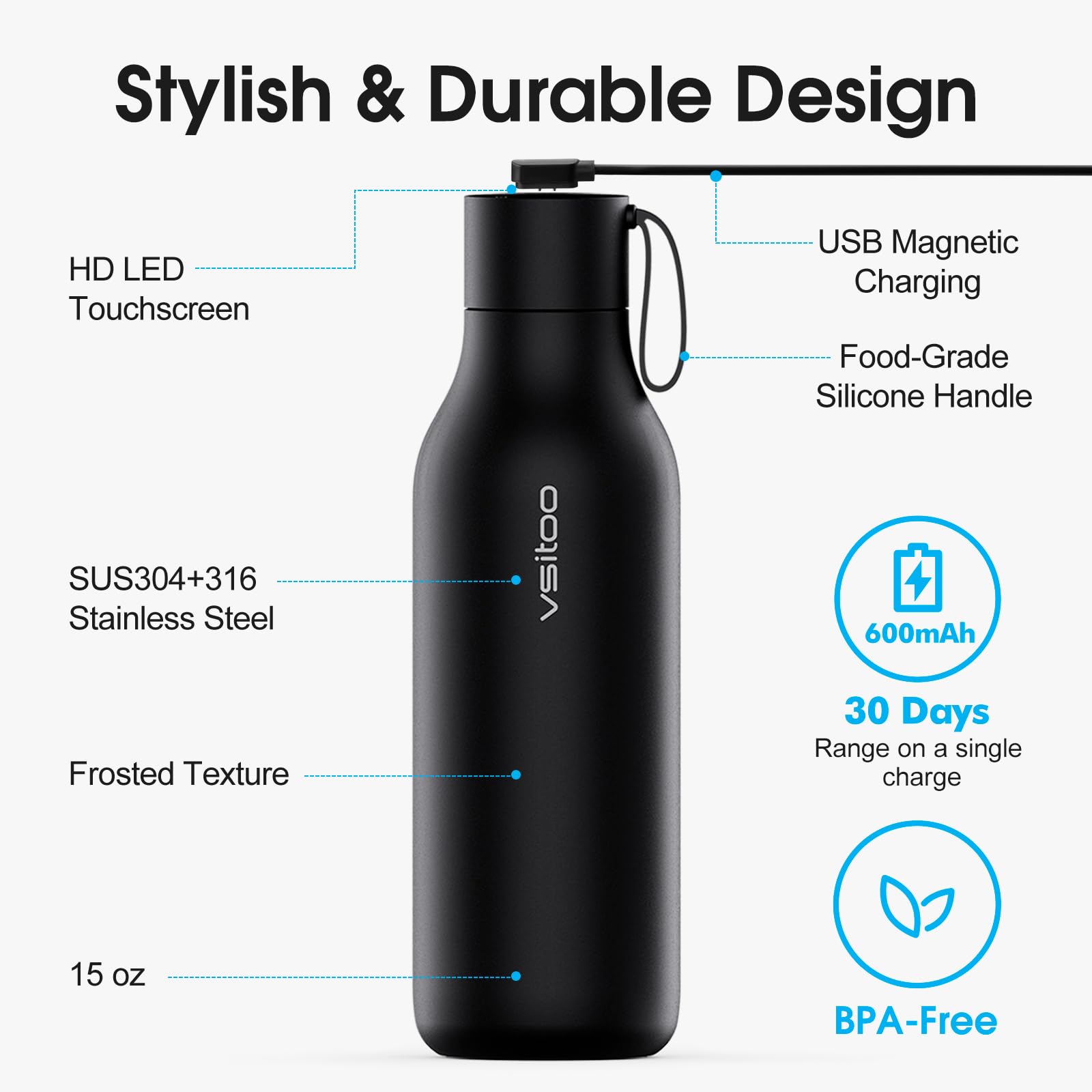 VSITOO 33oz Smart Self-Cleaning Water Bottle，Large Insulated Stainless Steel Bottle with AI Self-Clean, 30-Day Battery & Magnetic Charging for Outdoor Travel, Gym or Office, Black