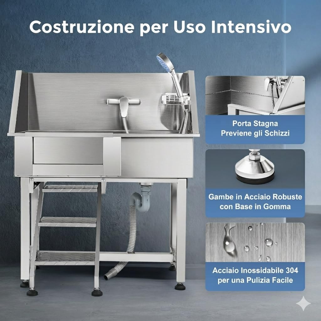 CO-Z 86 cm Vasca da Bagno per Cani in Acciaio Inossidabile, Vasca Toelettatura Professionale per Animali Domestici capacità 80 kg, Vasca Doccia per Toelettatura con Scale Porta Scorrevole Rubinetto