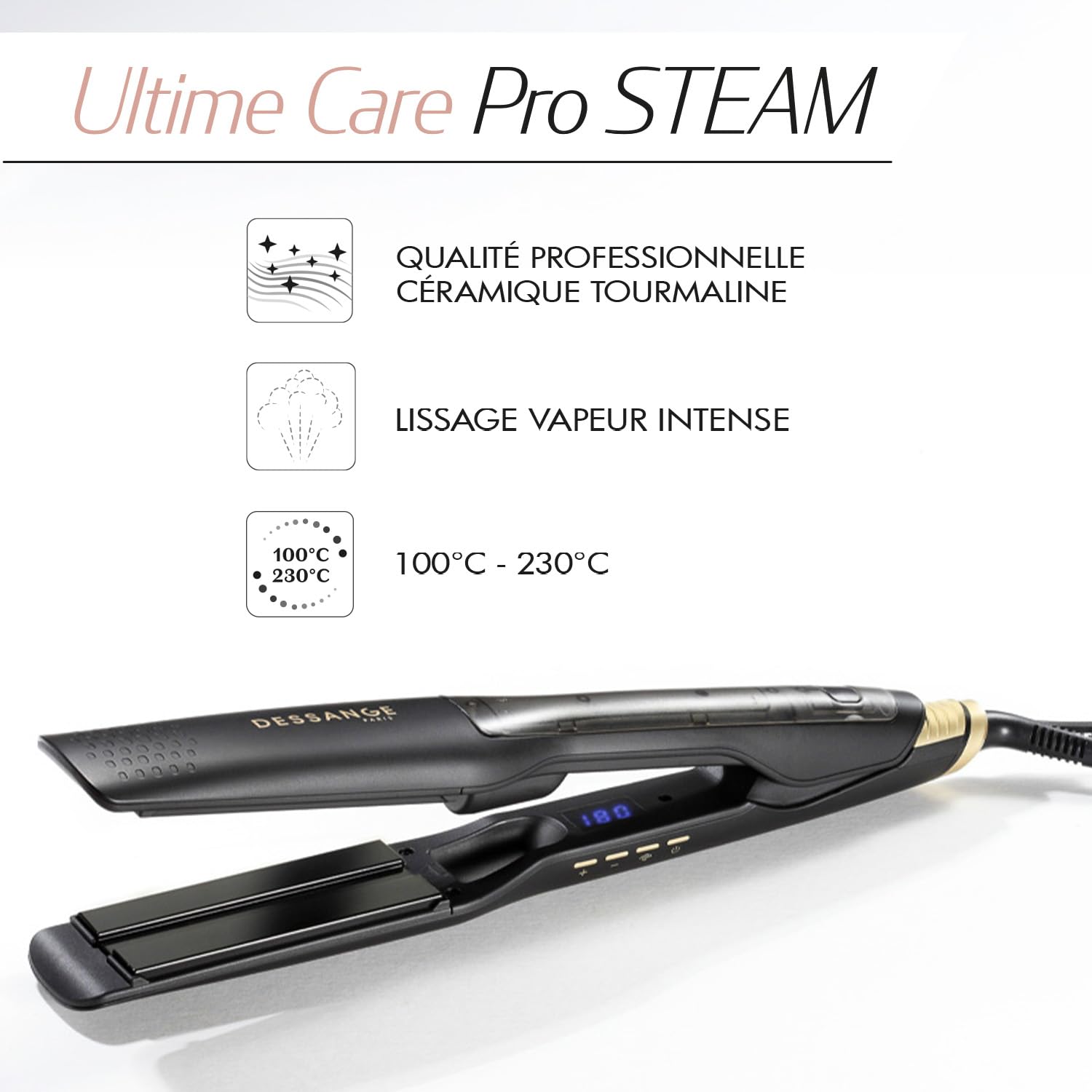 DESSANGE Lisseur Vapeur Ultime Care Pro STEAM – Plaques Ultra Larges Céramique Tourmaline 40x100 mm, Température Ajustable, Chauffe Rapide 45 s
