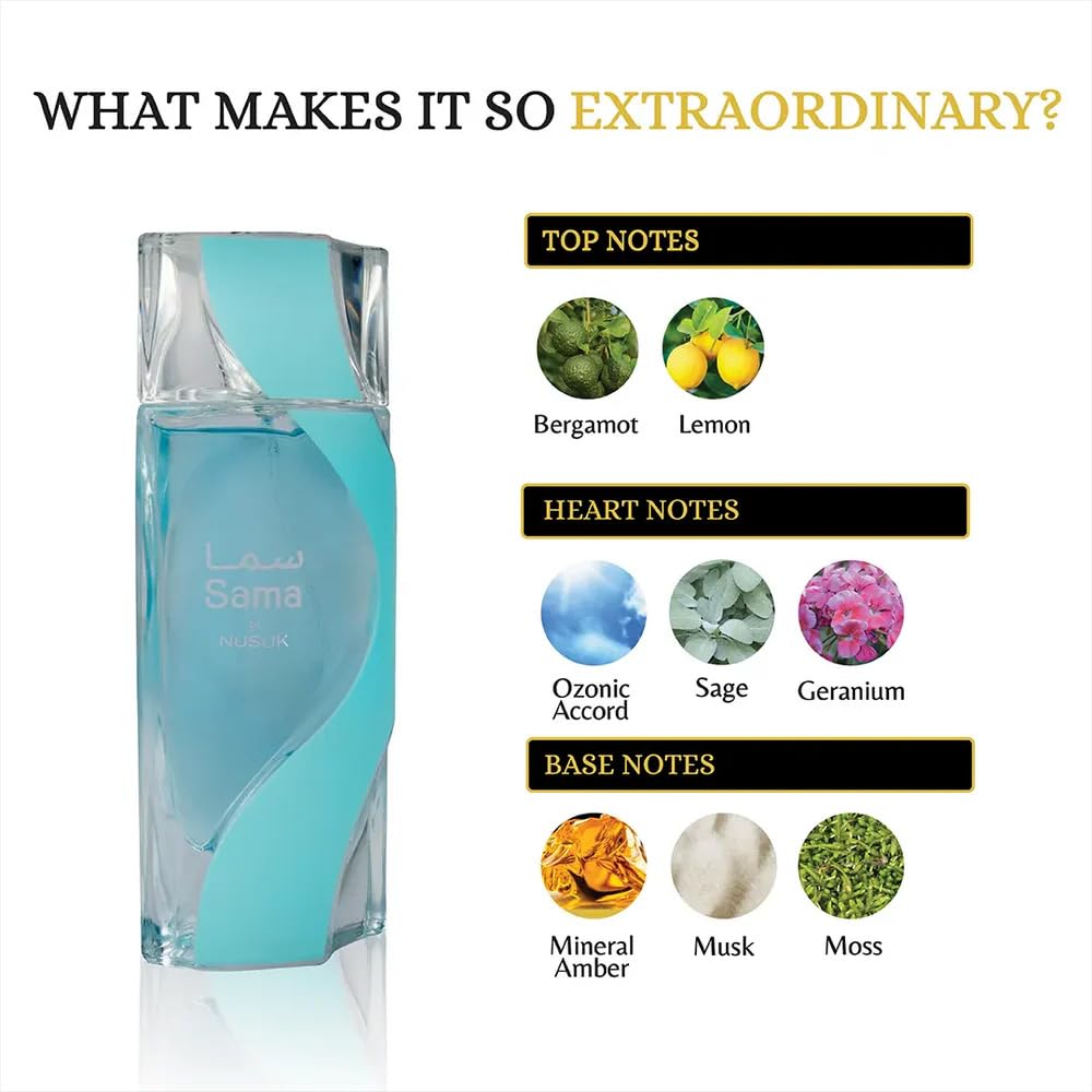 NUSUK Sama Unisex Eau De Parfum Fresh Bergamot & Lemon Top Notes Ozonic Sage & Geranium Heart Warm Amber, Moss & Soft Musk Base Long-Lasting Natural, Fresh, Elegant Fragrance 100ml