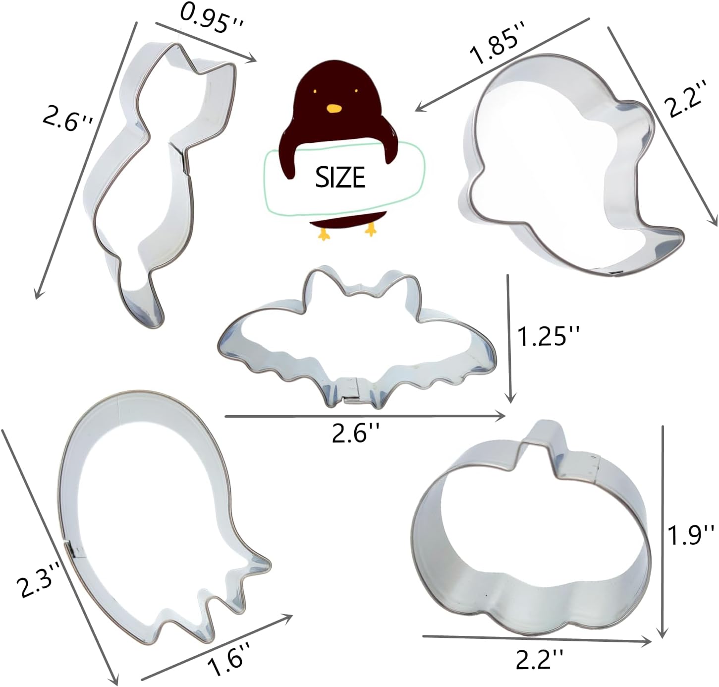 5 Pieces Mini Halloween Cookie Cutters, Size 2.2" to 2.6" Small Stainless Steel Molds Ghost, Cat, Bat, Pumpkin Holiday Shapes for Halloween Party Decorations